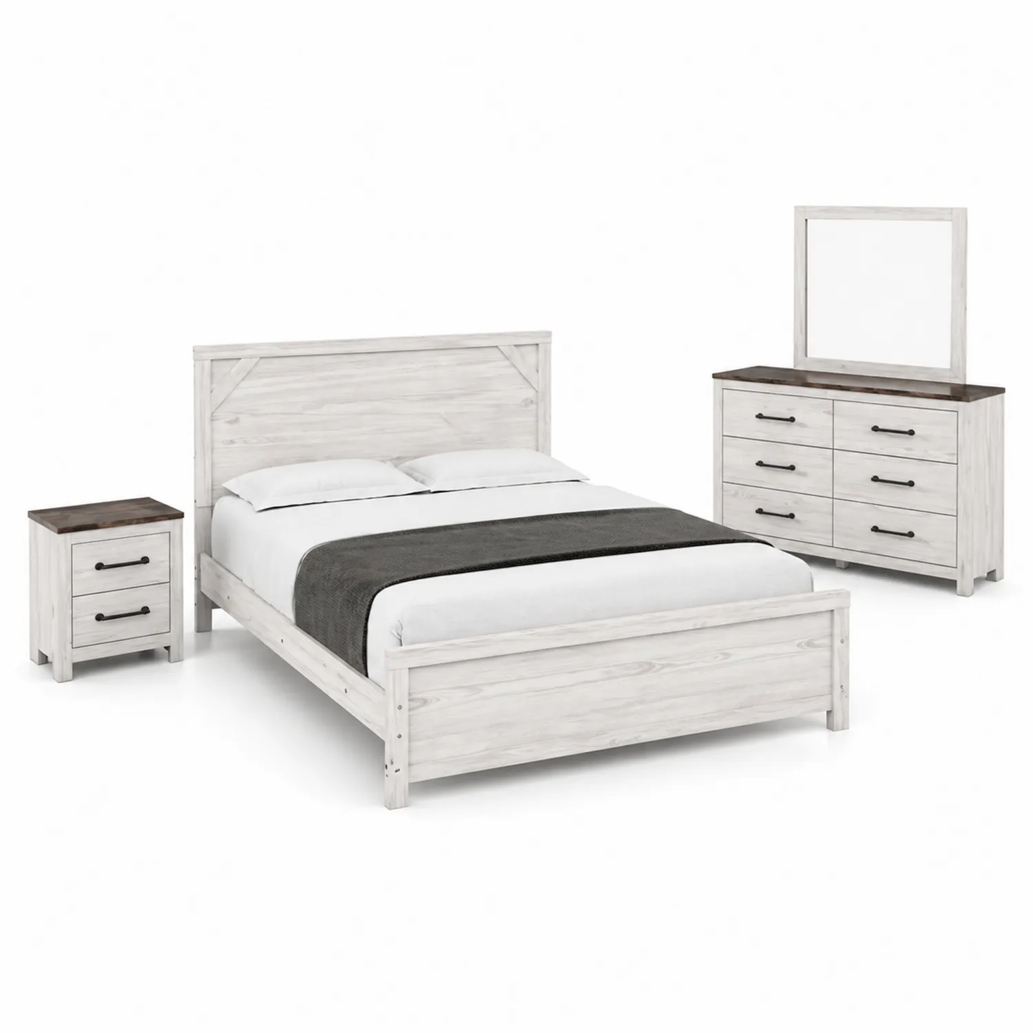Holz Schlafzimmer-Set Weiß/Grau mit Bett, Nachttisch und Kommode mit Spiegel