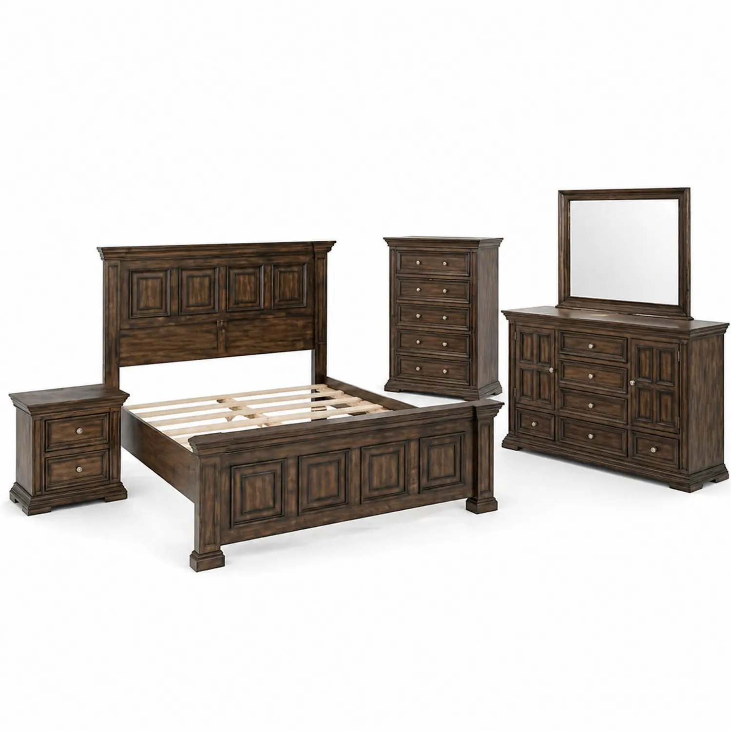 Massivholz Schlafzimmer-Set Dunkelbraun mit Bett, Nachttischen, Schrank und Kommode mit Spiegel