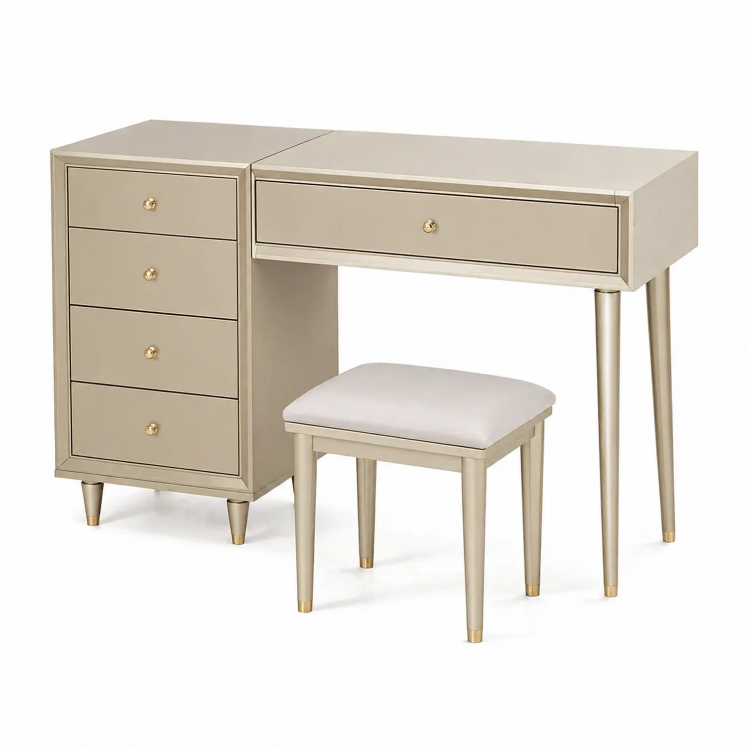 Schminktisch Set mit Hocker, MDF und Metall, 5 Schubladen, Gold