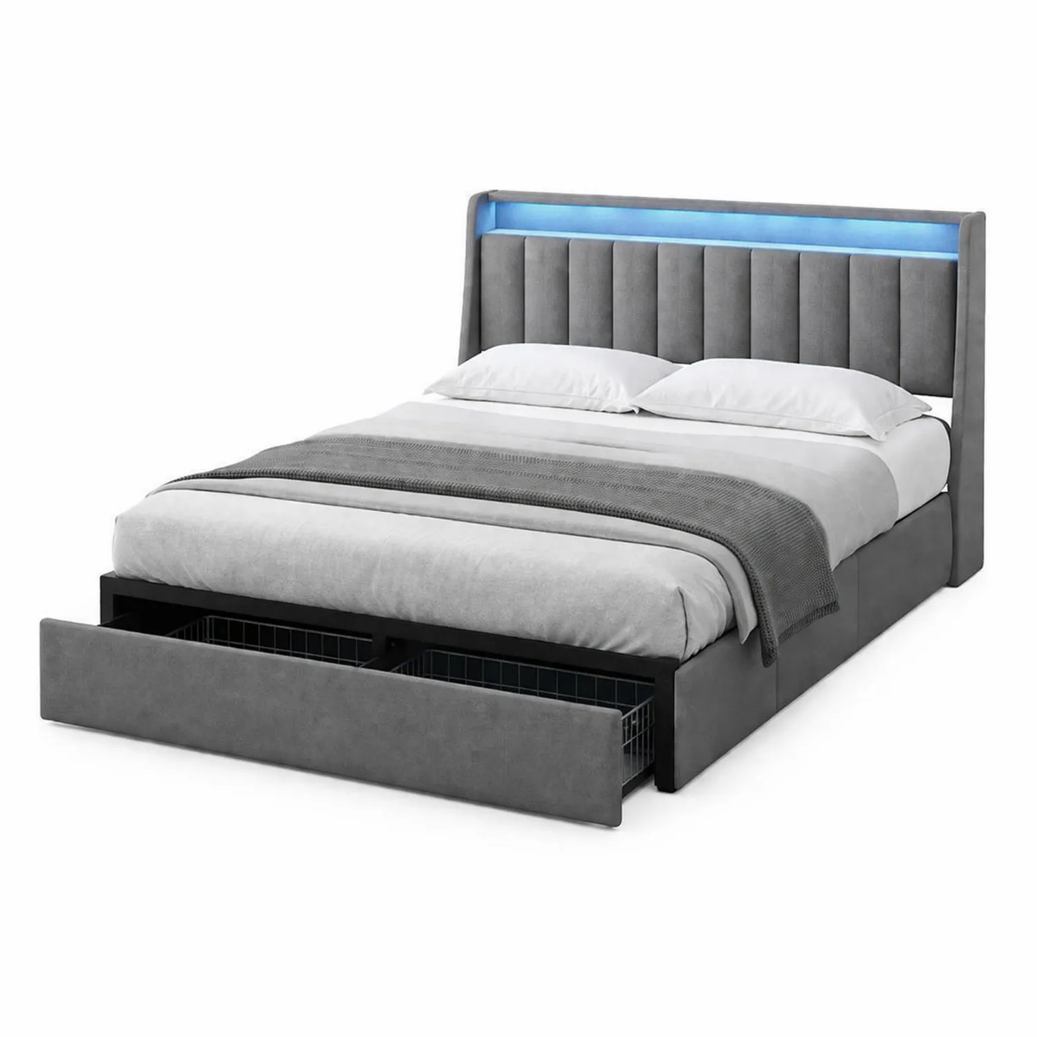 Polsterbett aus Polyestergewebe mit Stauraum und LED-Kopfteil 200x160 cm Grau