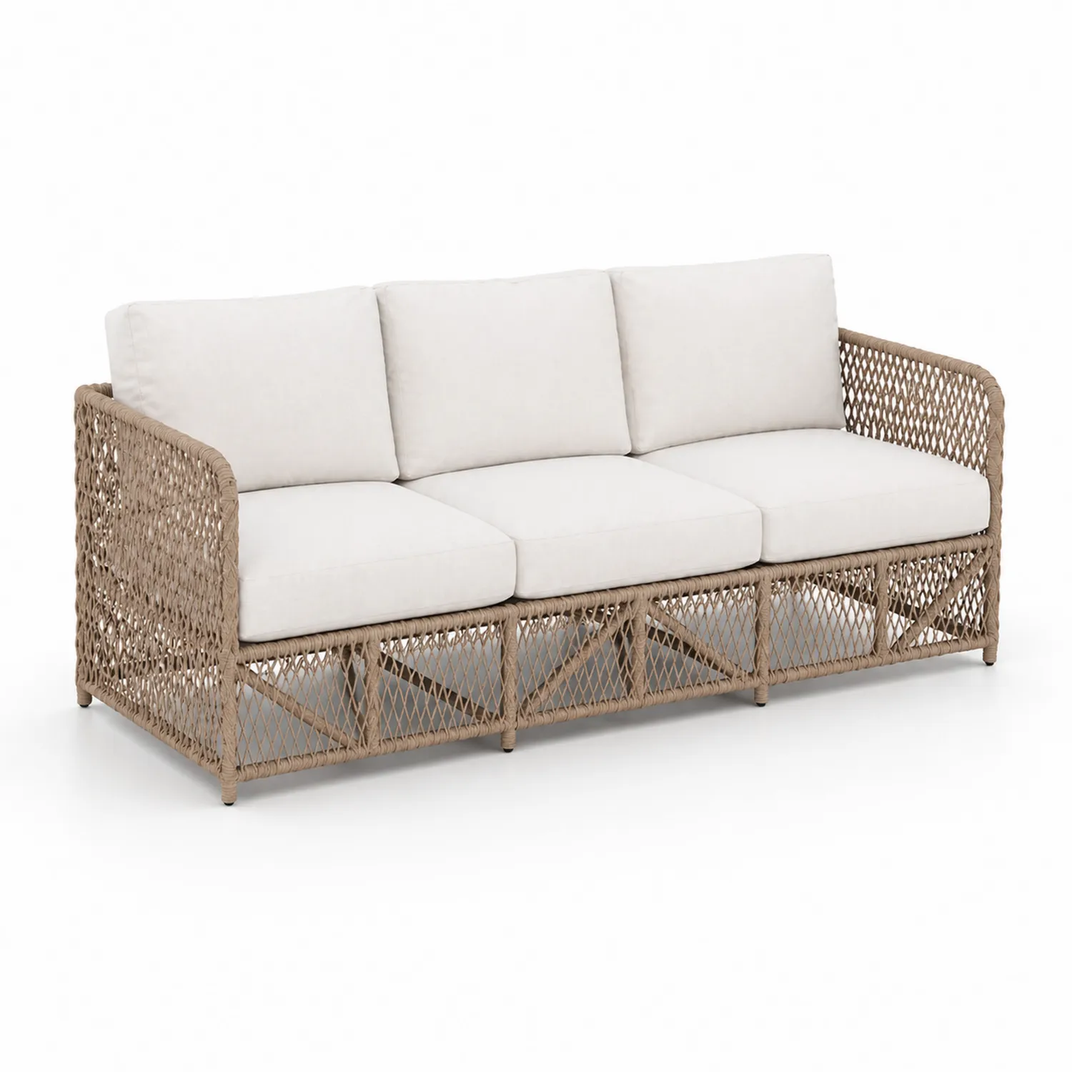 Gartensofa aus Aluminium und synthetischem Rattan Beige mit Polyesterkissen Weiß