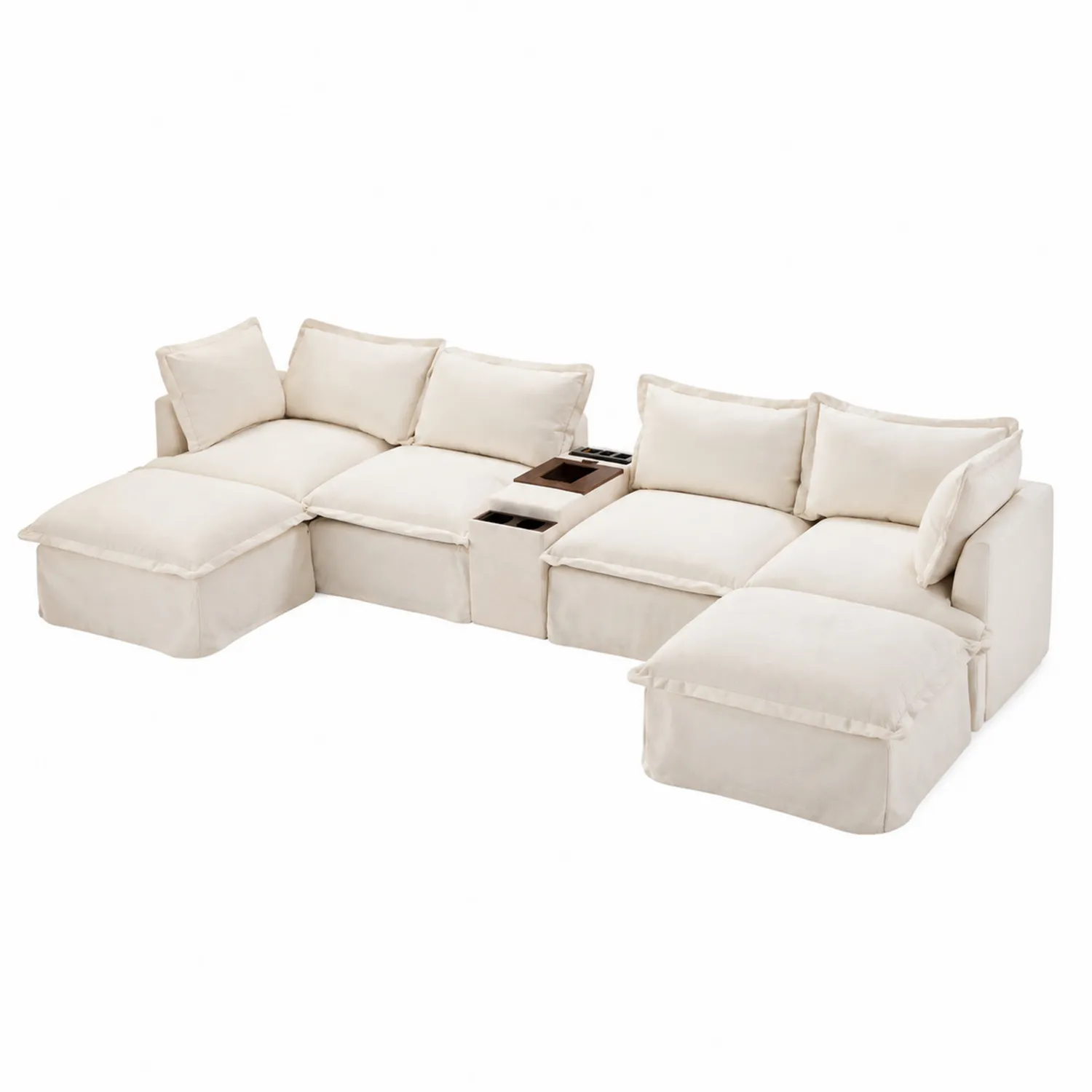 Ecksofa-Set aus Mikrofaser mit Stauraum und Getränkehaltern, 300 cm, Beige