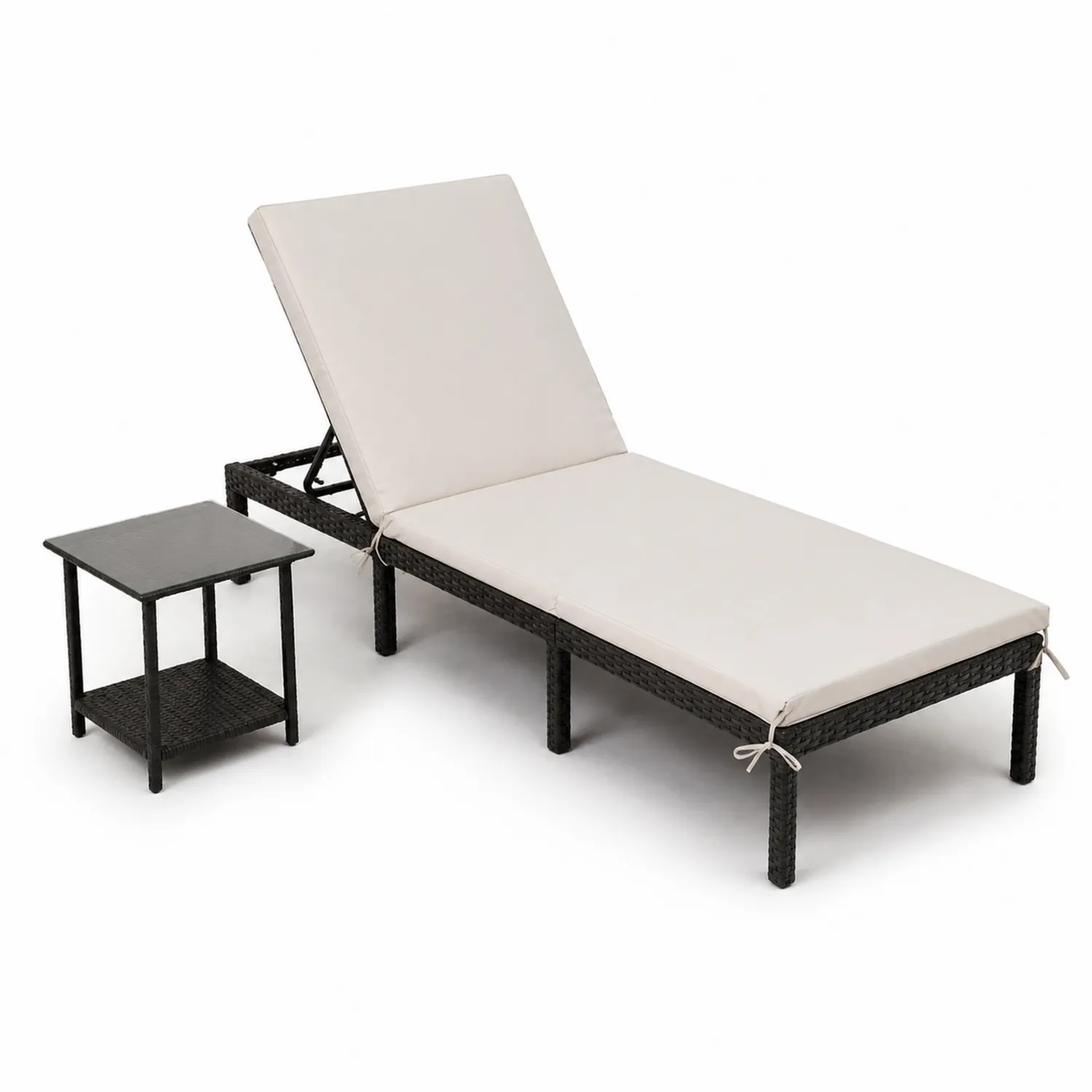 Polyrattan Gartenliege mit verstellbarer Lehne und Beistelltisch Beige/Schwarz