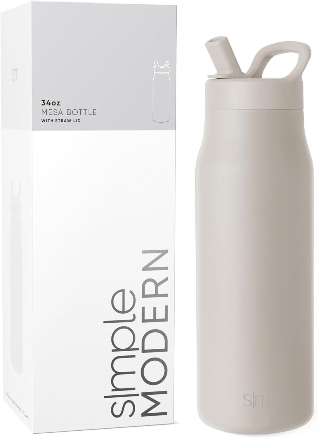 Simkhjgple Modern Water Bottle with Straw lid | Insulated Stainless Steel Thermos | Reusable Travel Water Bottles for Gym & Sports | Leak Proof & BPA Free | Mesa Collection | 34oz, Sea Glass Sage