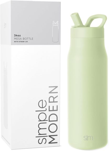 Simkhjgple Modern Water Bottle with Straw lid | Insulated Stainless Steel Thermos | Reusable Travel Water Bottles for Gym & Sports | Leak Proof & BPA Free | Mesa Collection | 34oz, Sea Glass Sage