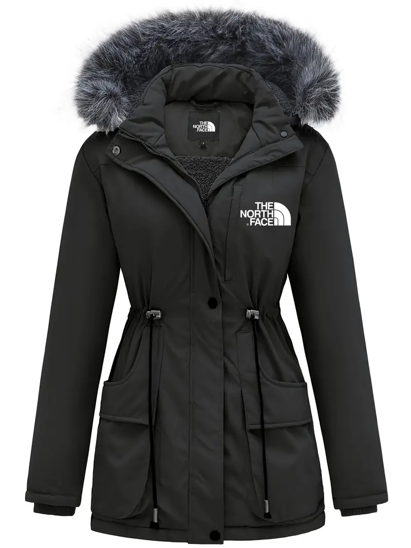 2024 THE NORkhjgTH FACE-Women's Elegant Long Sleeve Fluffy Trim Hooded Coat, Warm Drawstring Outerwear for Cold Weather