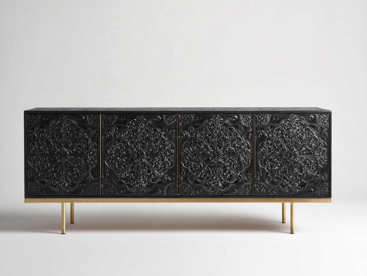 Meuble d'entrée en bois 180x40x75 cm - noir-doré - design sculpté contemporain-Oakupden