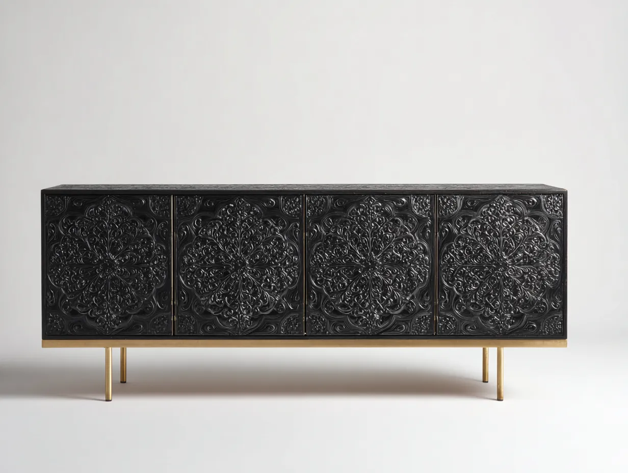 Meuble d'entrée en bois 180x40x75 cm - noir-doré - design sculpté contemporain-Oakupden