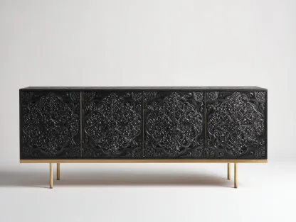 Meuble d'entrée en bois 180x40x75 cm - noir-doré - design sculpté contemporain-Oakupden