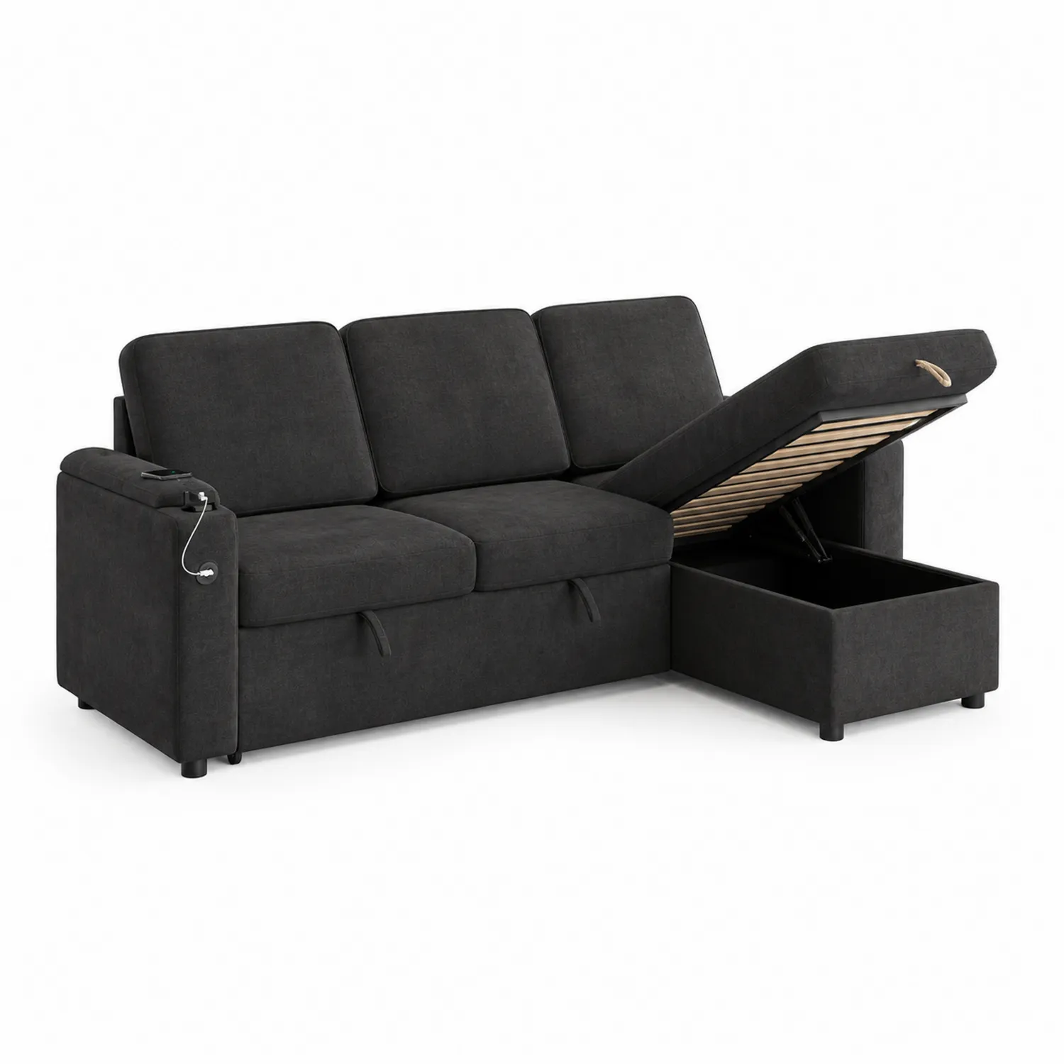 Sofa z funkcją spania i schowkiem, czarna, drewno i poliester