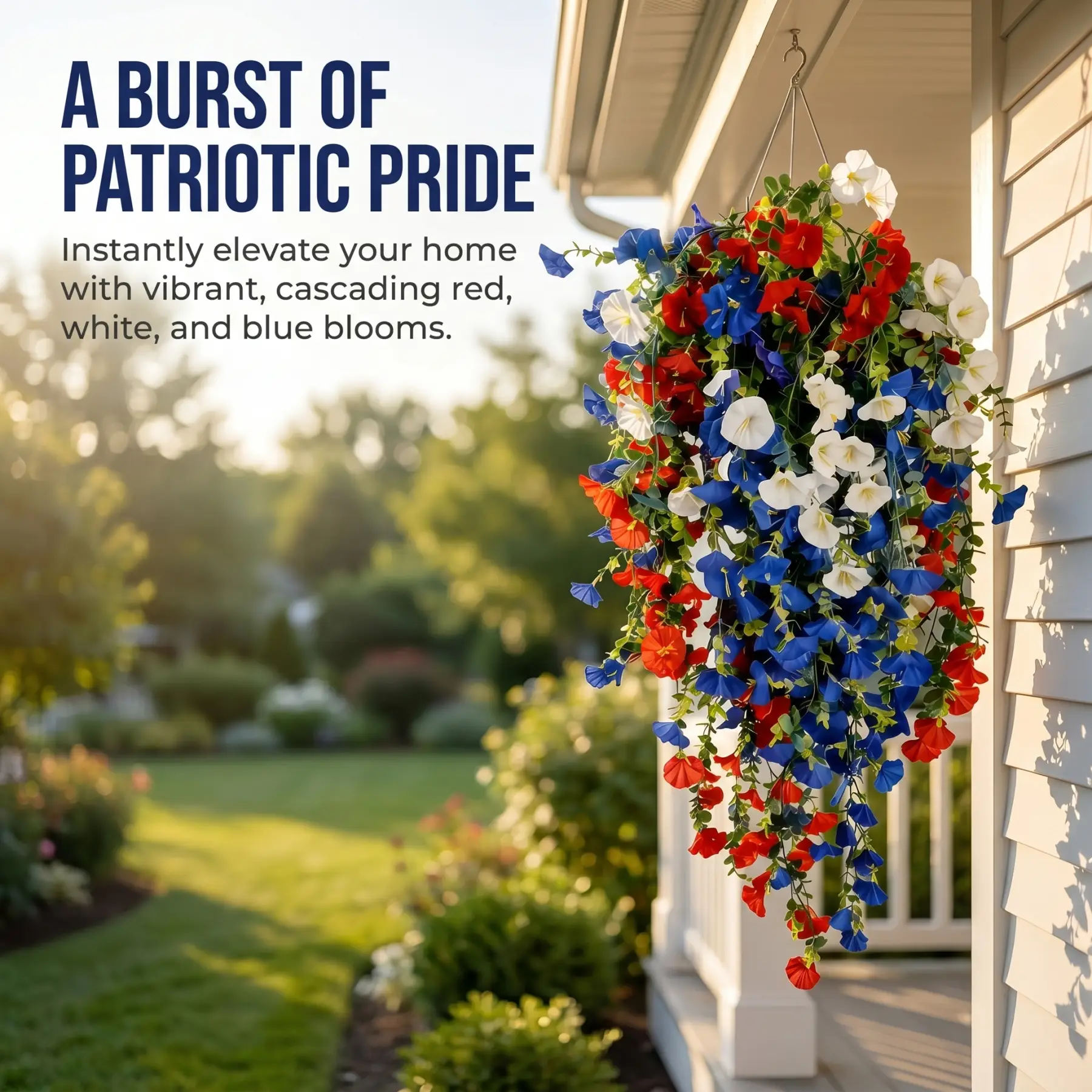 ✨Patriotic hanging flower baskets celebrate the 250th anniversary of the founding of the United States