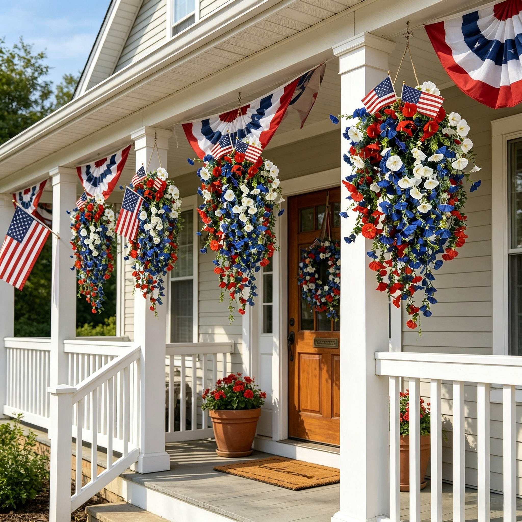 ✨Patriotic hanging flower baskets celebrate the 250th anniversary of the founding of the United States