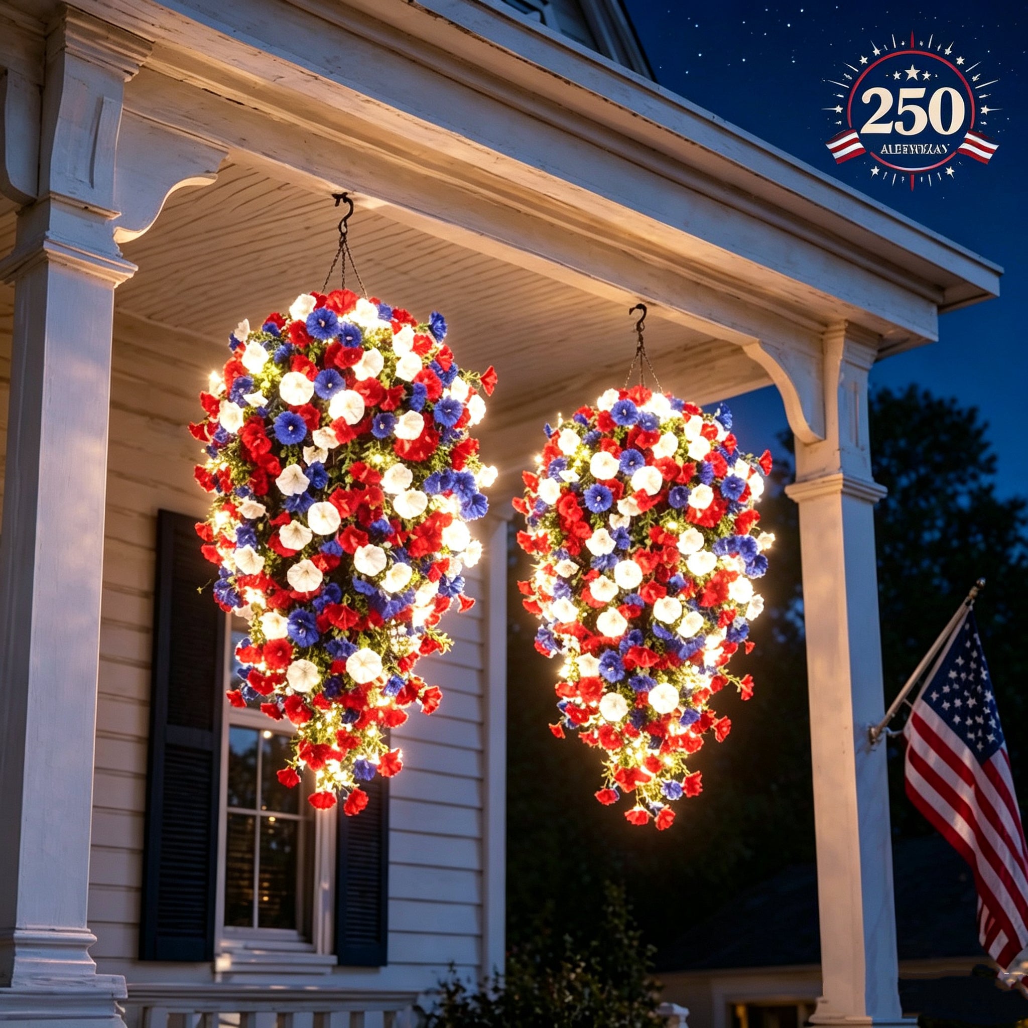 ✨Patriotic hanging flower baskets celebrate the 250th anniversary of the founding of the United States