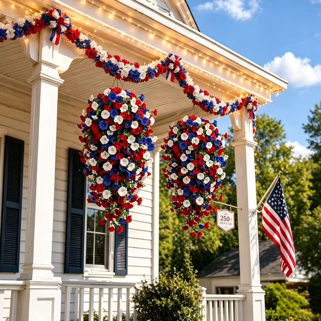 ✨Patriotic hanging flower baskets celebrate the 250th anniversary of the founding of the United States