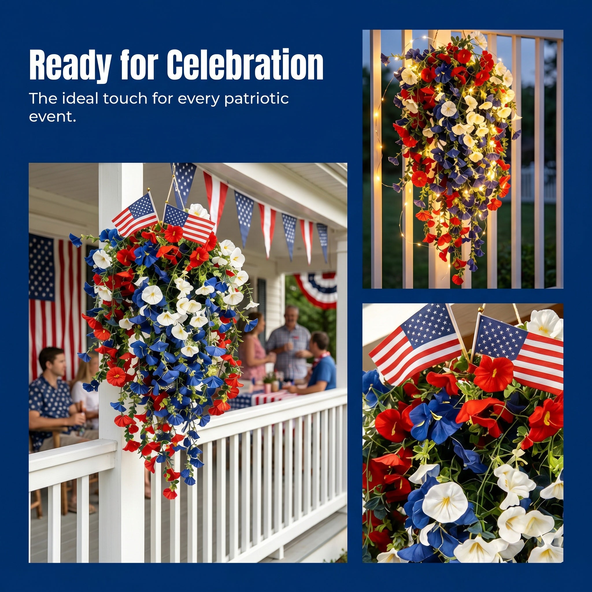 ✨Patriotic hanging flower baskets celebrate the 250th anniversary of the founding of the United States