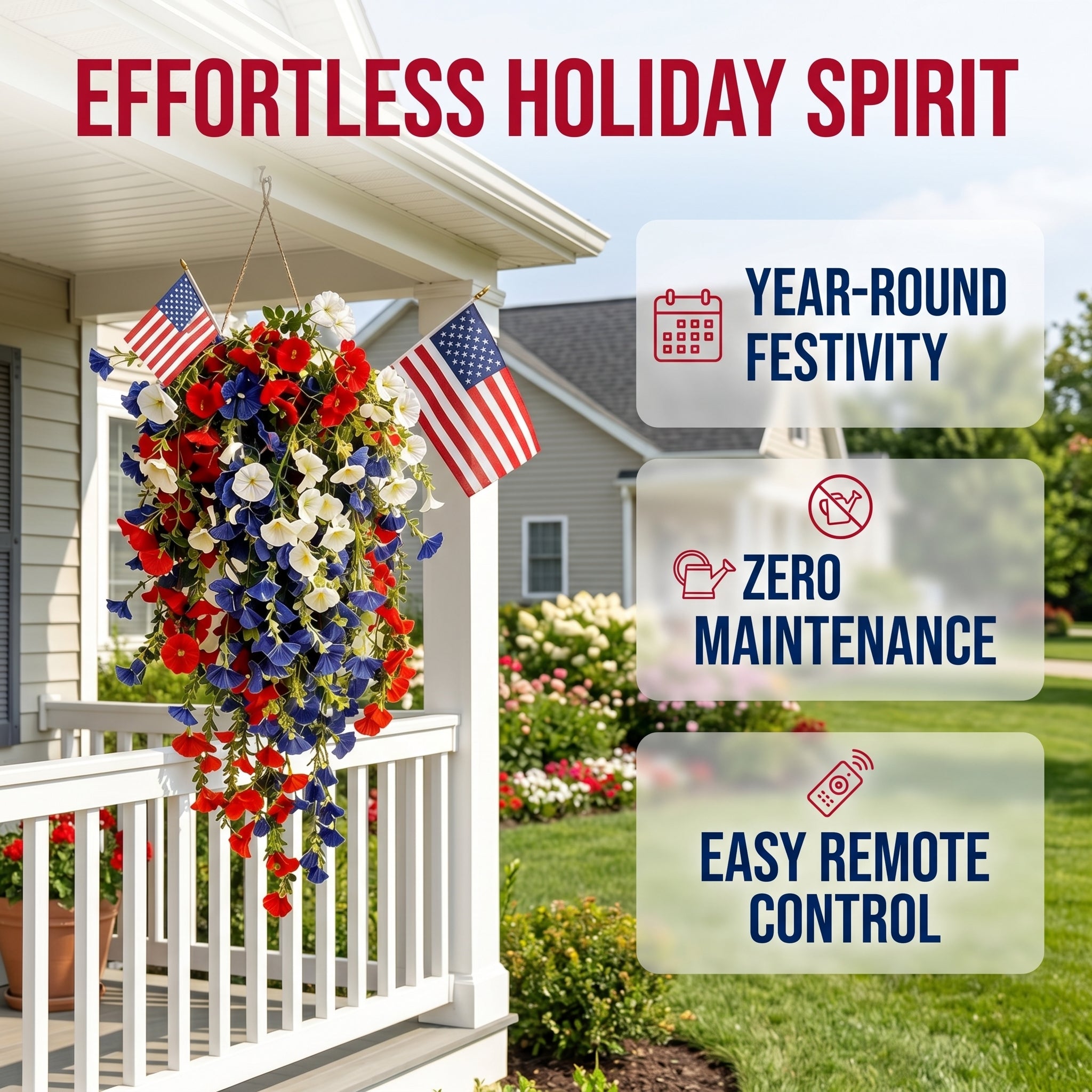 ✨Patriotic hanging flower baskets celebrate the 250th anniversary of the founding of the United States