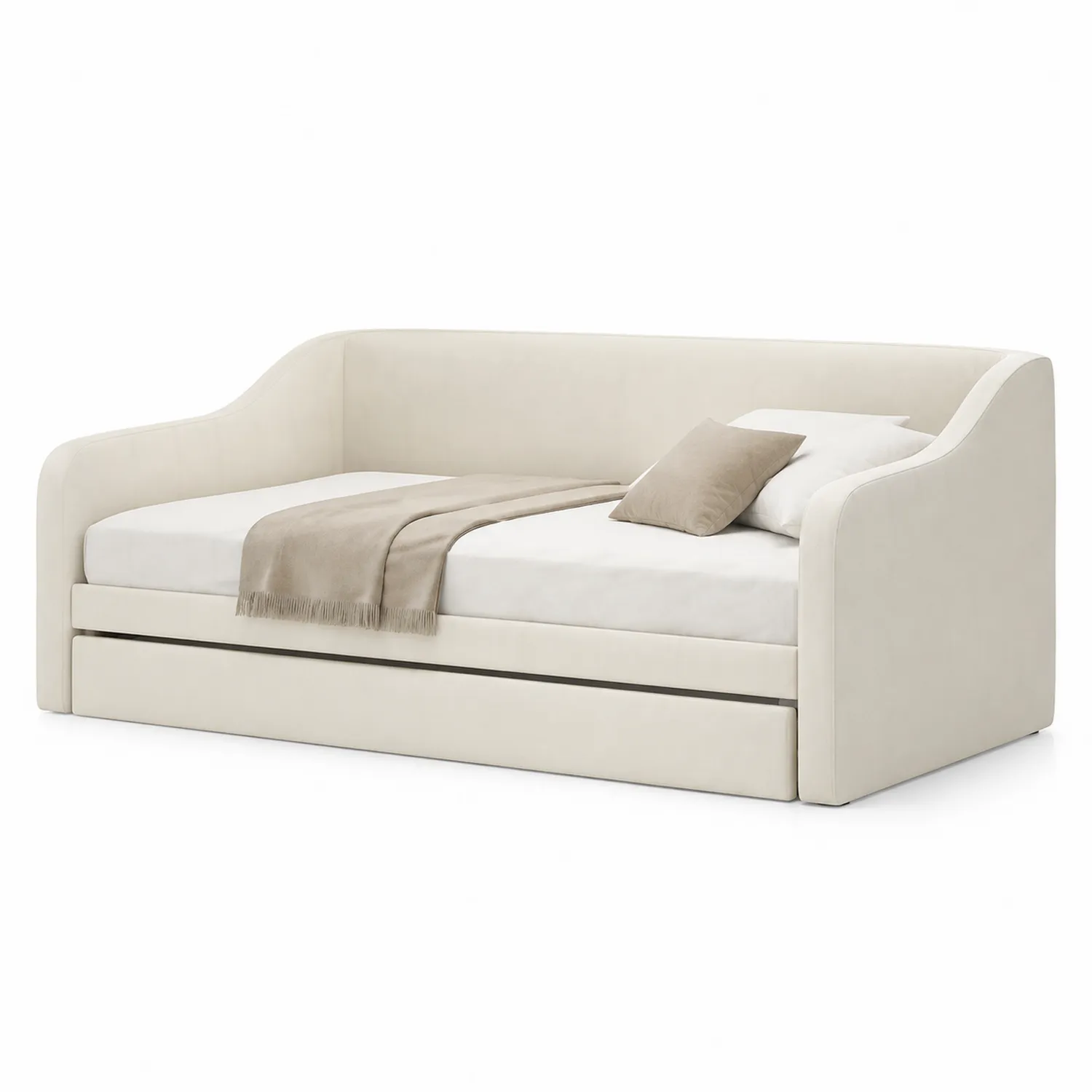 Cama de día beige de madera y poliéster con cajón extraíble-Velmirk
