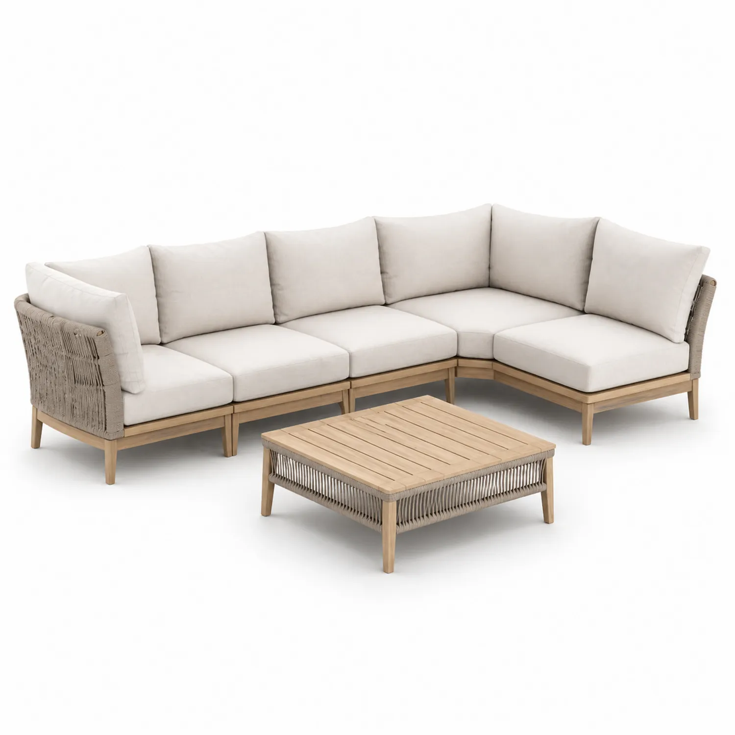 Conjunto de sofá en L de 4 plazas con cojines de poliéster y mesa de teca-Velmirk