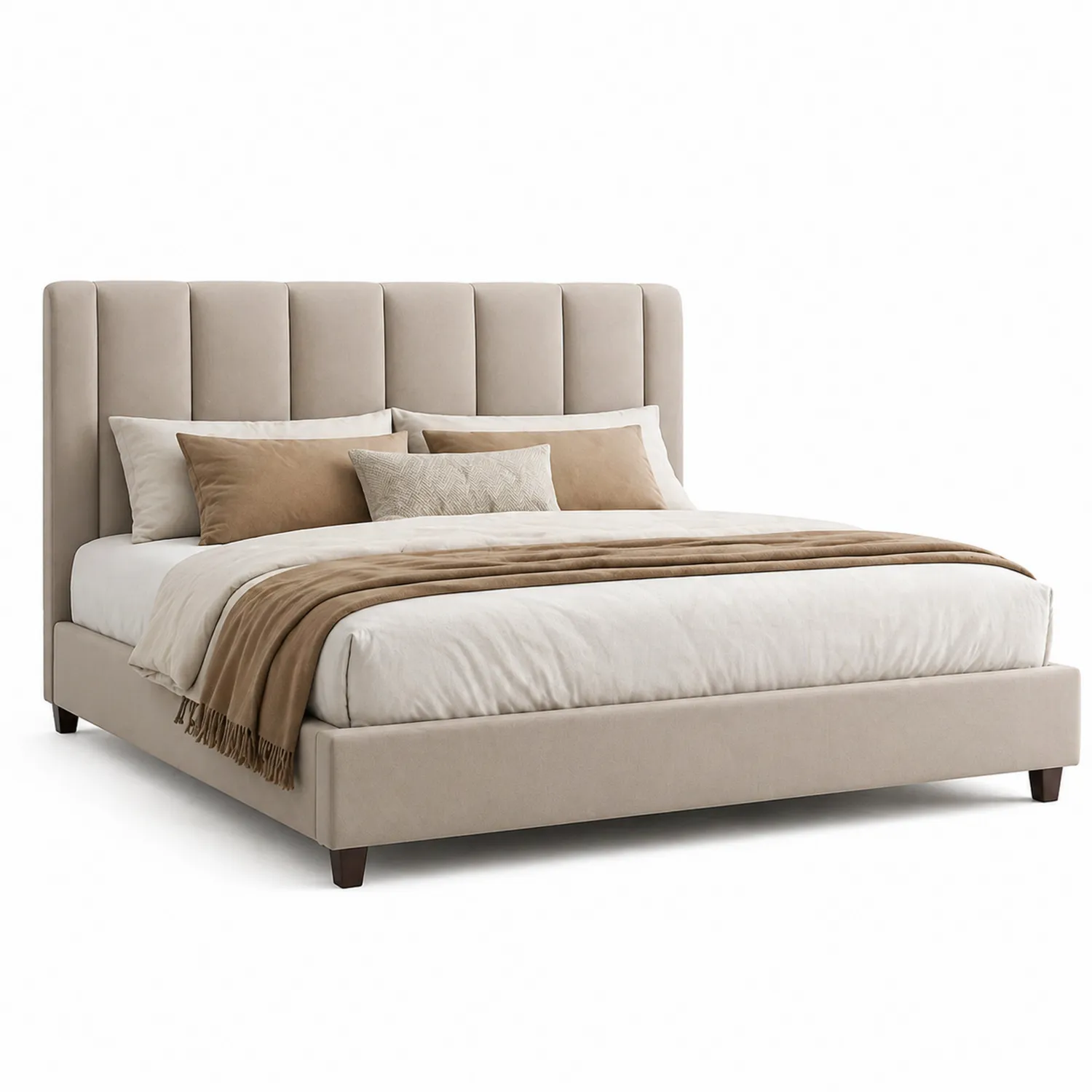 Cama doble de tela de poliéster beige con cabecero acolchado y patas de madera-Velmirk
