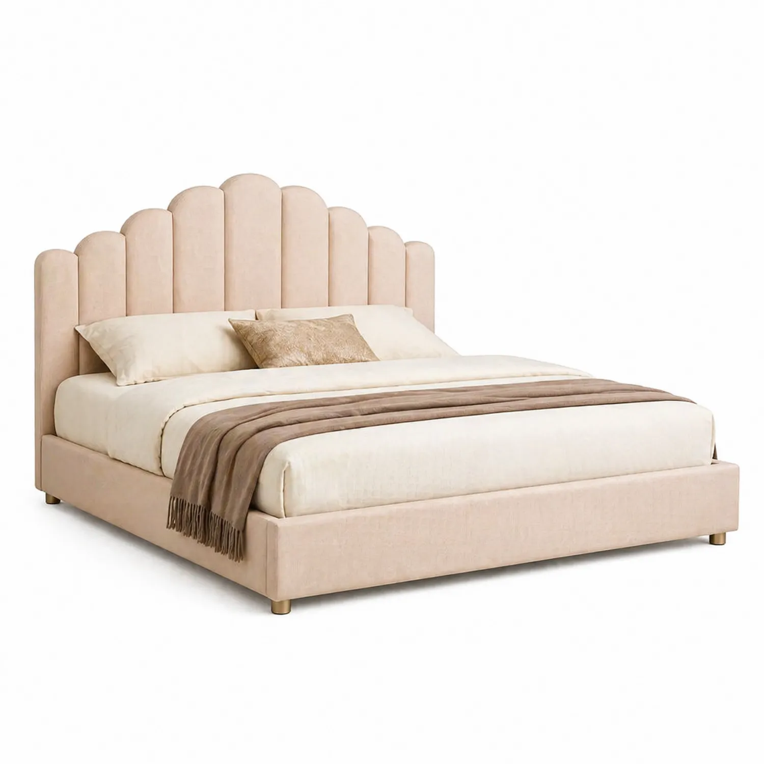 Cama doble tapizada de terciopelo beige con cabecero en arco-Velmirk