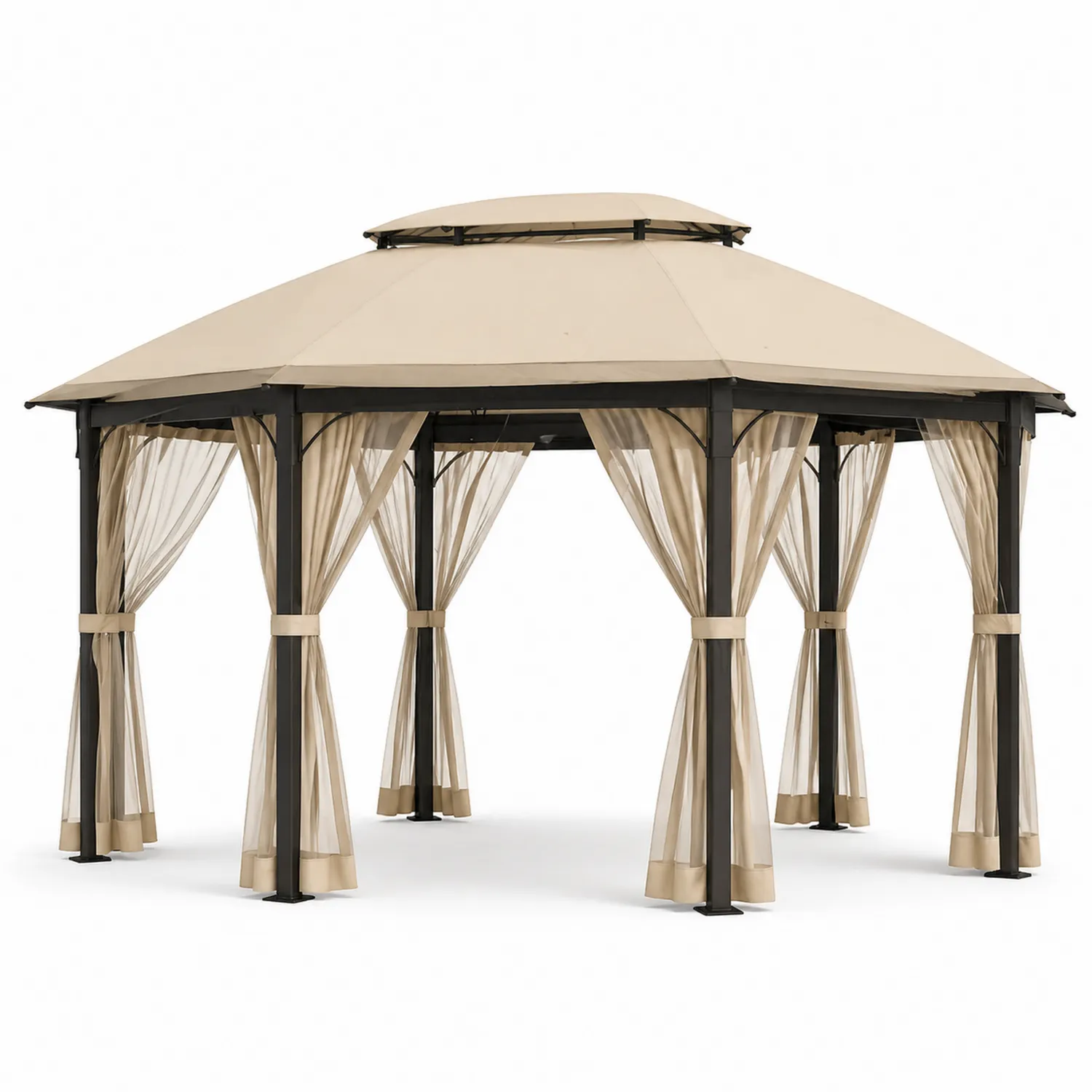 Cenador de Aluminio con Cubierta de Poliéster y Cortinas Beige-Velmirk