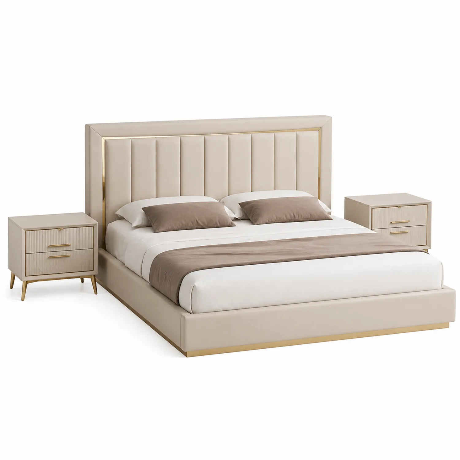 Cama doble tapizada en poliéster beige con dos mesitas de noche-Velmirk