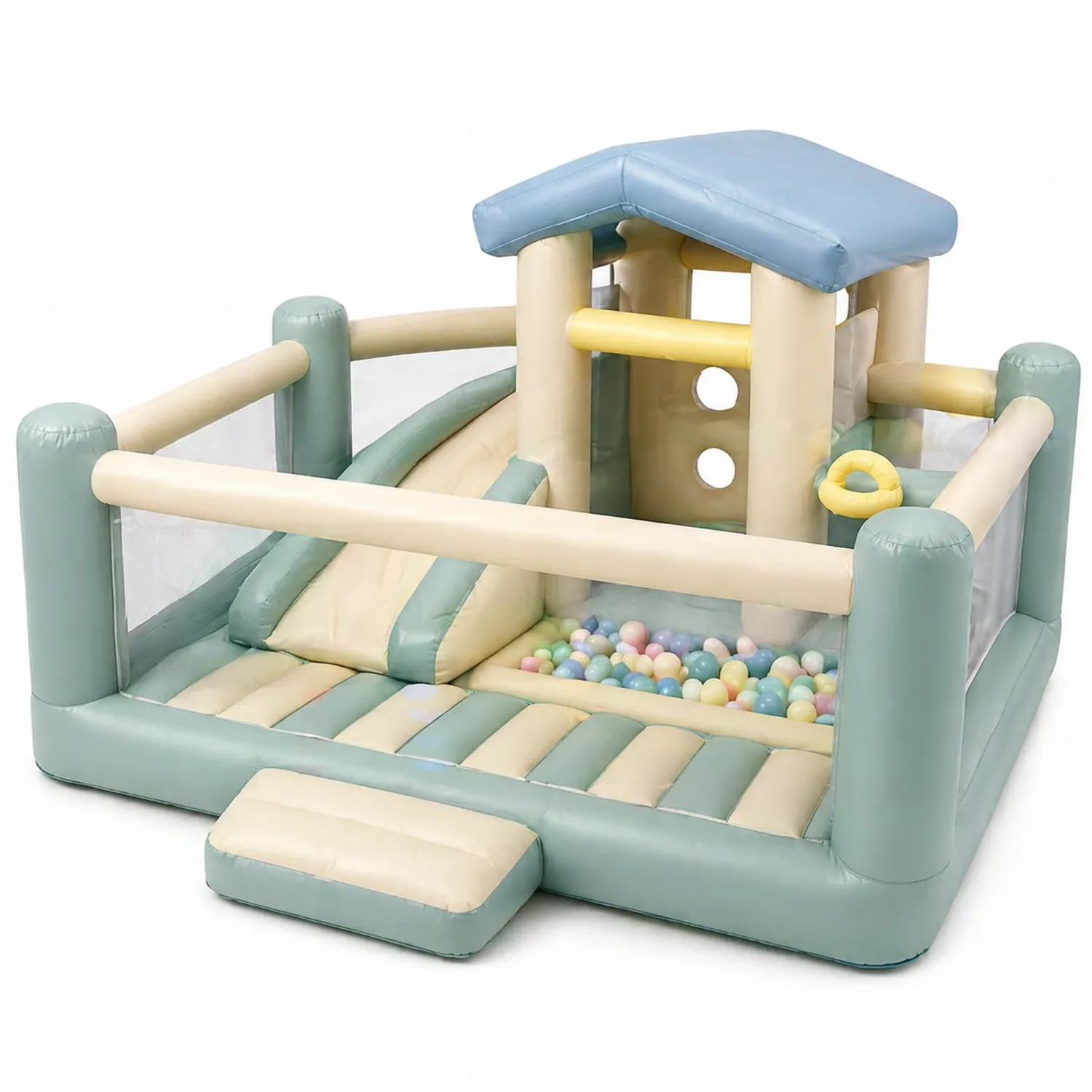 Castillo inflable de PVC con tobogán y piscina de bolas 300x250x150 cm Verde/Azul-Velmirk