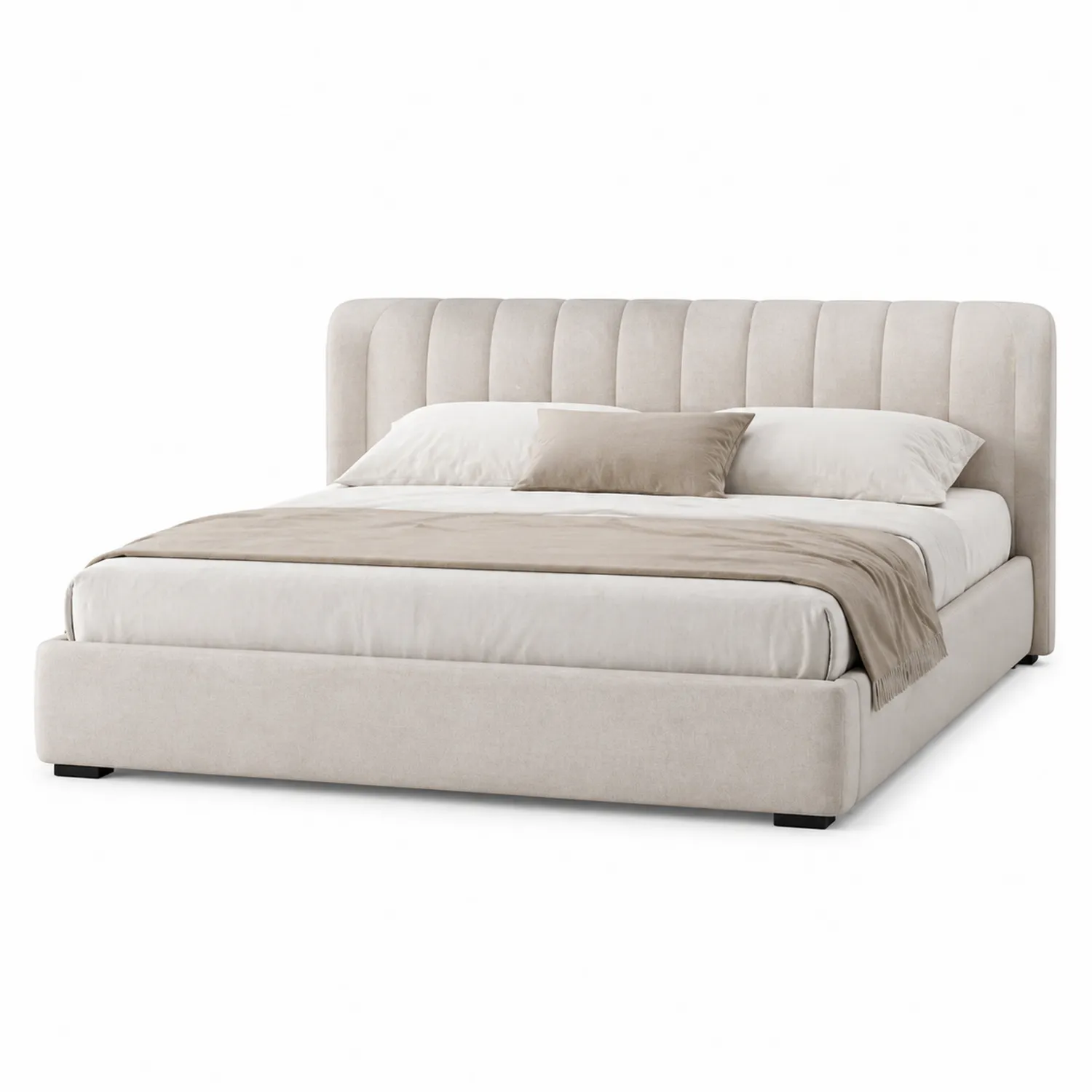 Cama doble de tela de poliéster beige con cabecero acanalado 200x160 cm-Velmirk