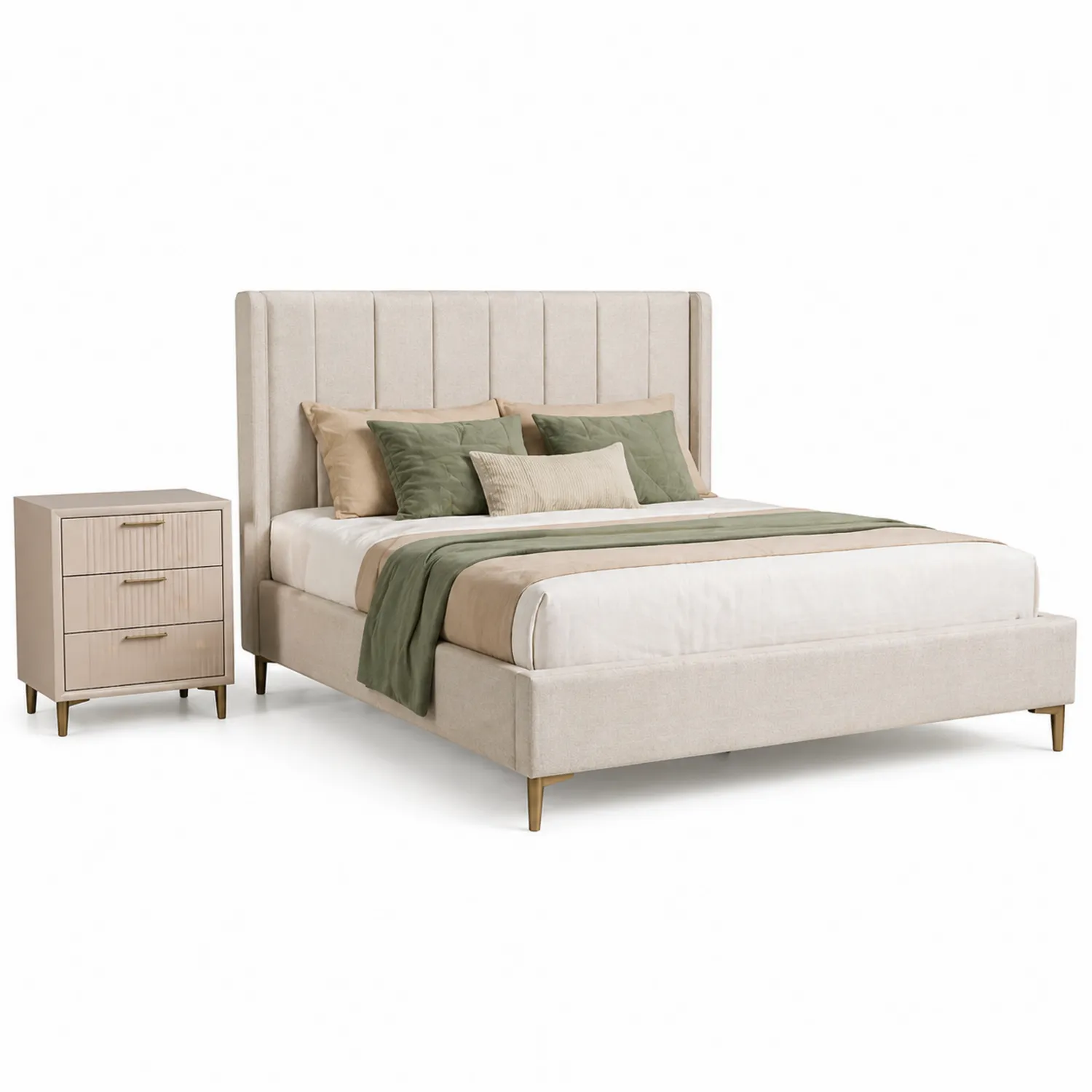 Cama doble tapizada en poliéster beige con cabecera y mesita de noche-Velmirk