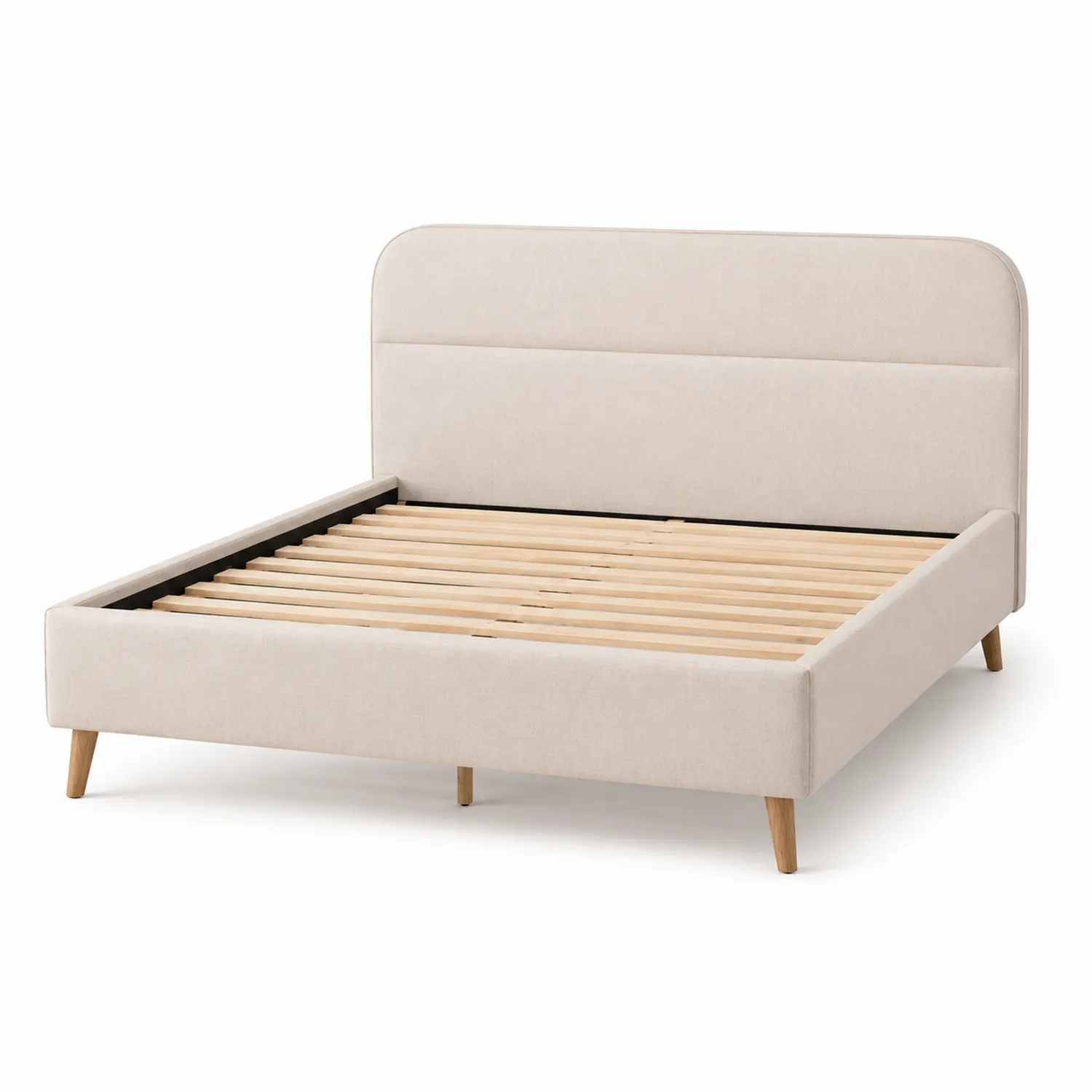 Cama doble de tela beige con cabecero y patas de madera 200x160 cm-Velmirk