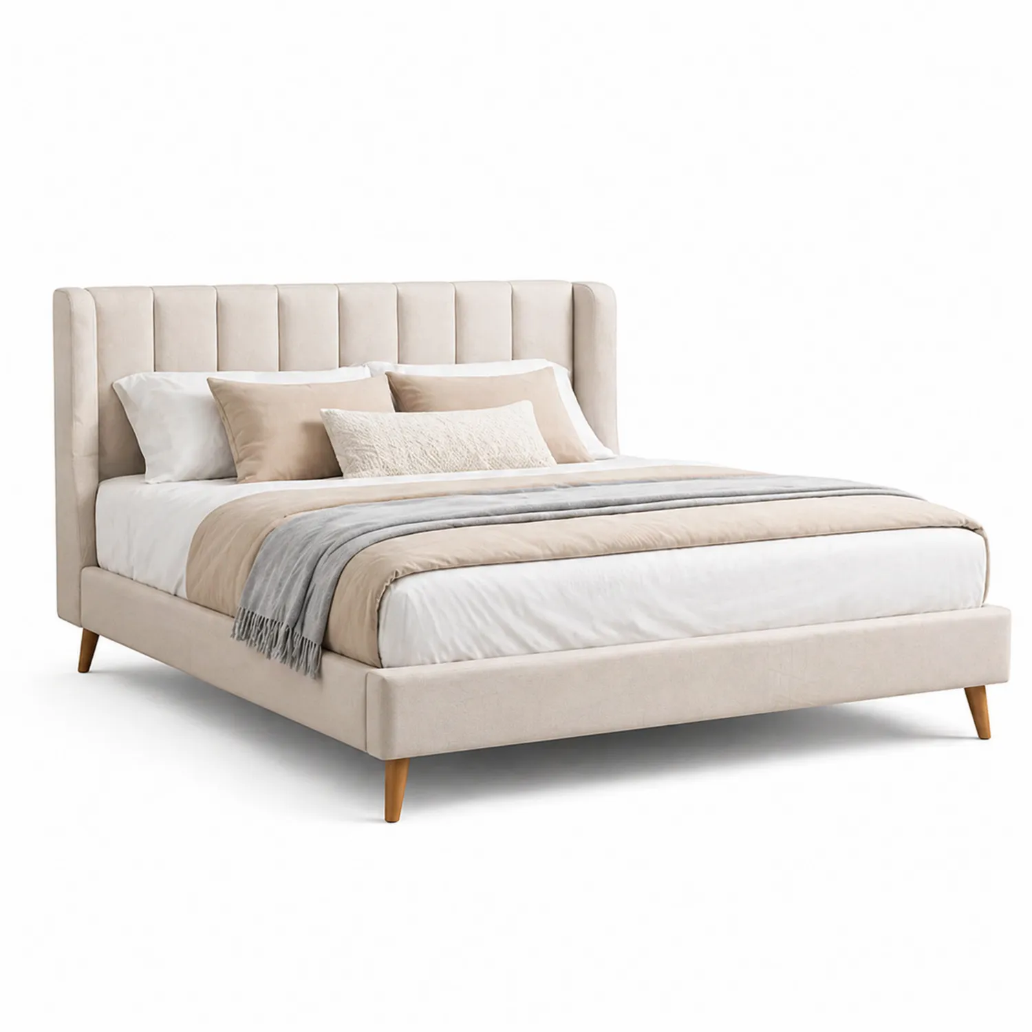 Cama doble tapizada en tela beige con cabecera-Velmirk