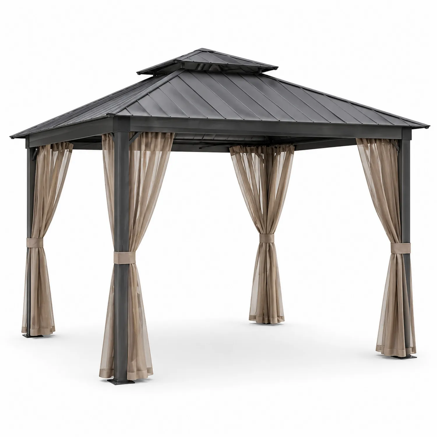 Cenador de Aluminio con Techo Metálico y Cortinas de Poliéster 3x3 m-Velmirk