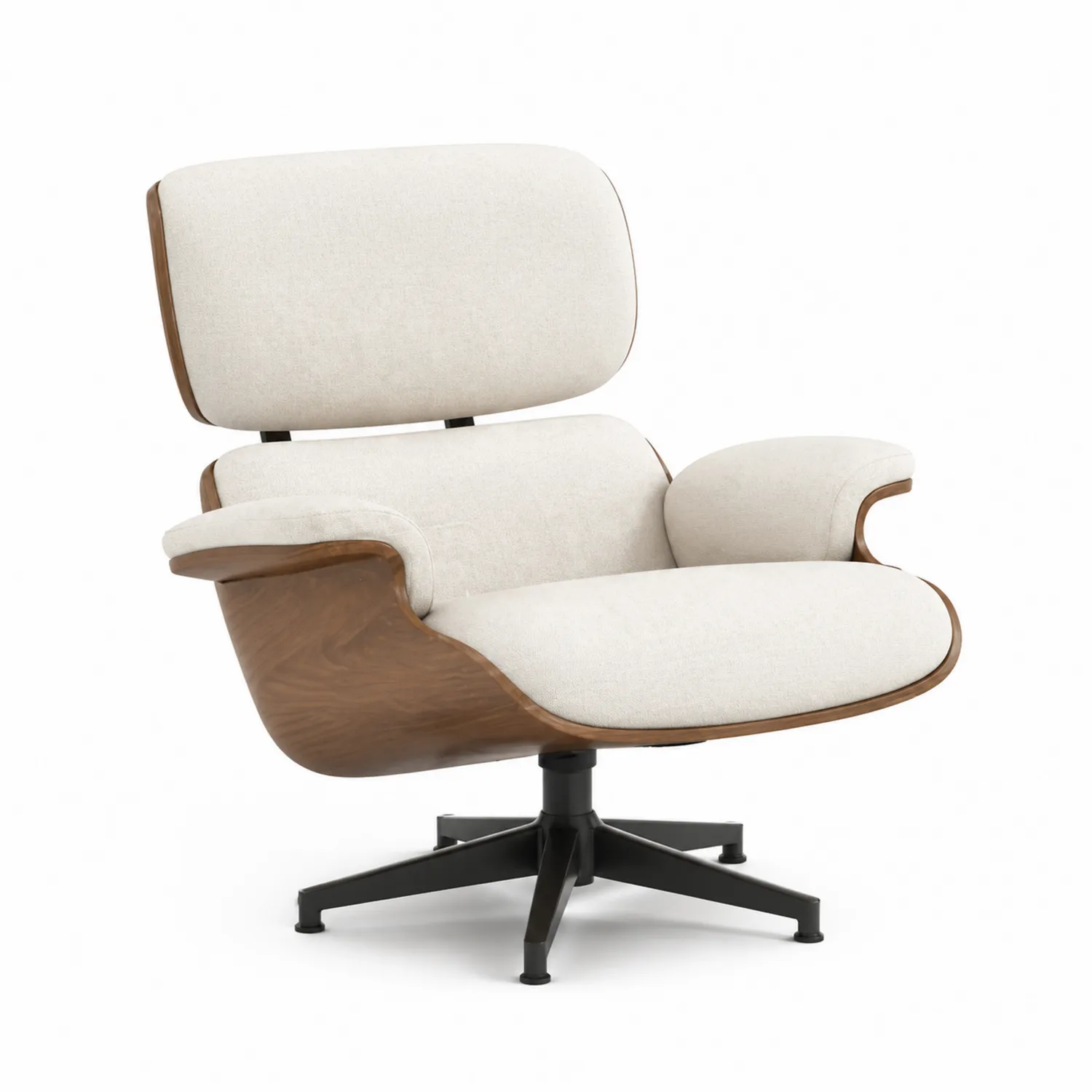 Silla giratoria de madera y metal con tapizado en tela beige-Velmirk
