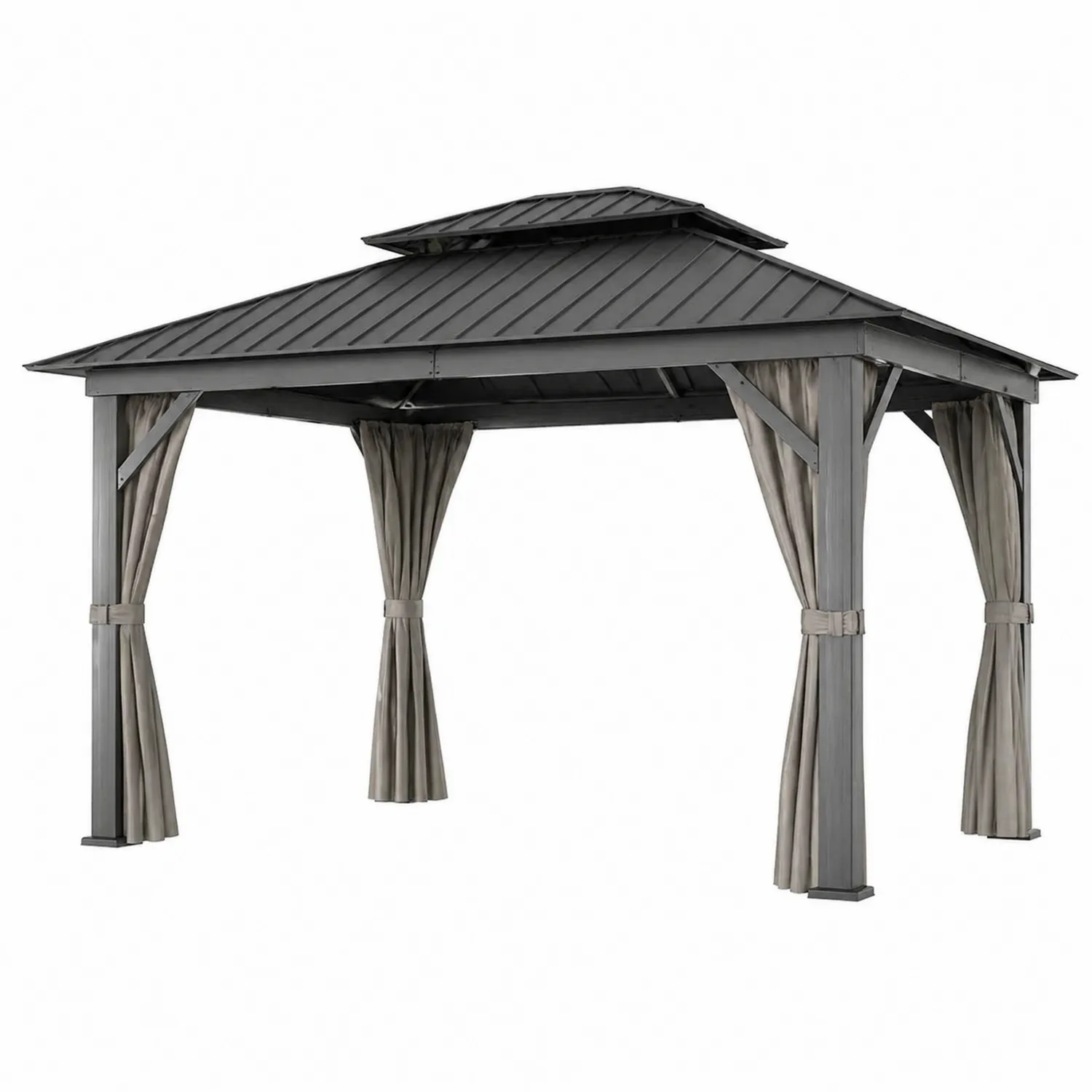 Cenador de Aluminio con Techo de Acero y Cortinas Grises-Velmirk