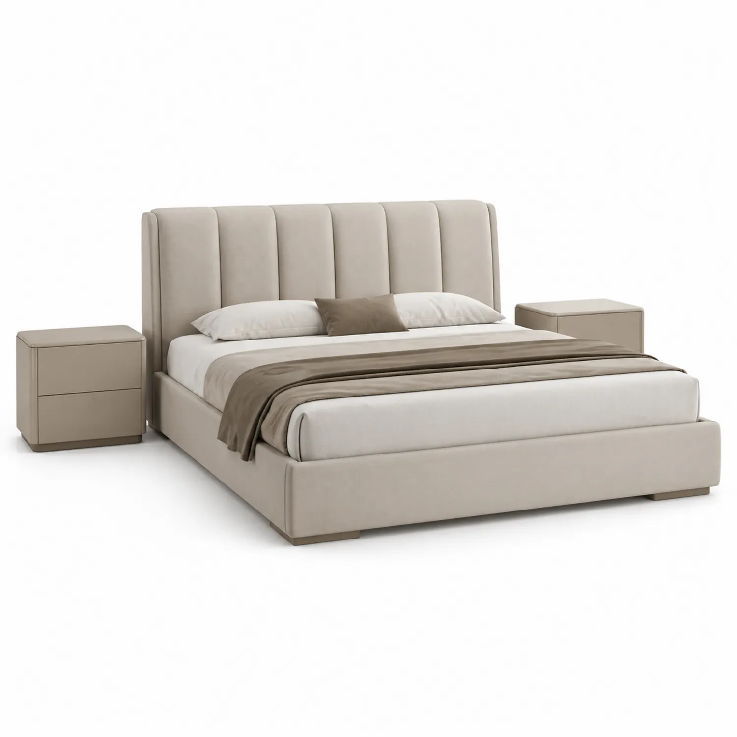 Cama Tapizada de Terciopelo Beige 200x150 cm con Mesitas de Noche-Velmirk