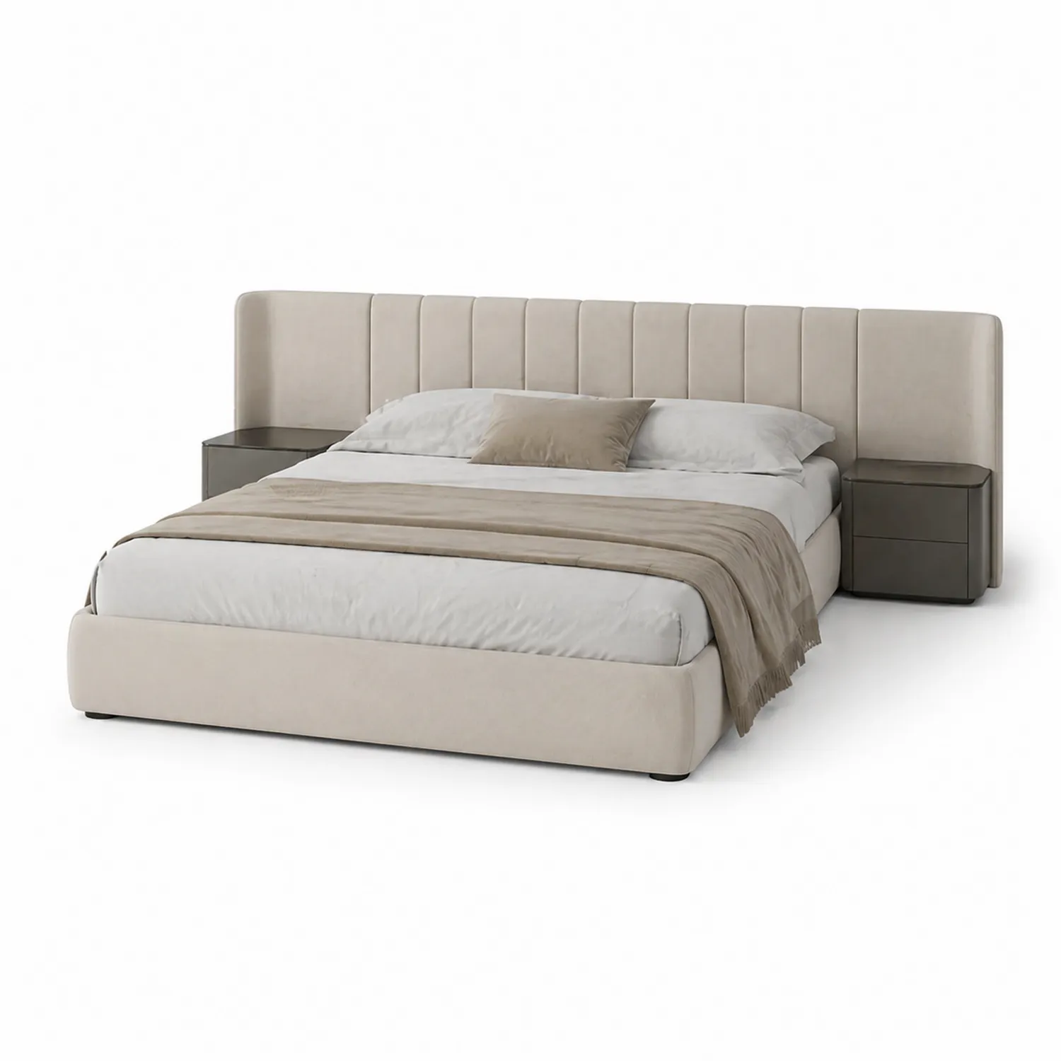 Cama doble con tapizado de poliéster beige y mesitas de noche-Velmirk