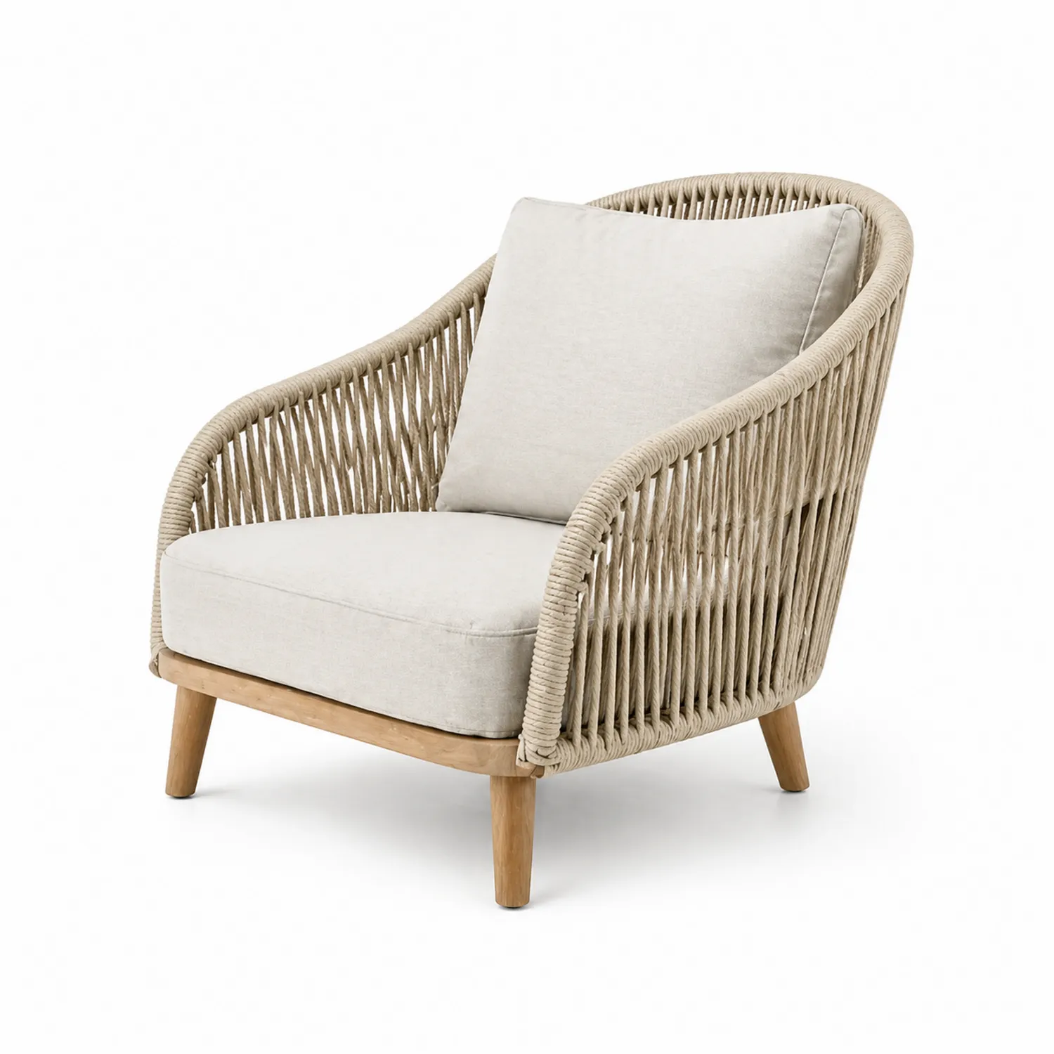 Sillón de cuerda de poliéster con cojines y estructura de teca 85x75x80 cm Beige-Velmirk