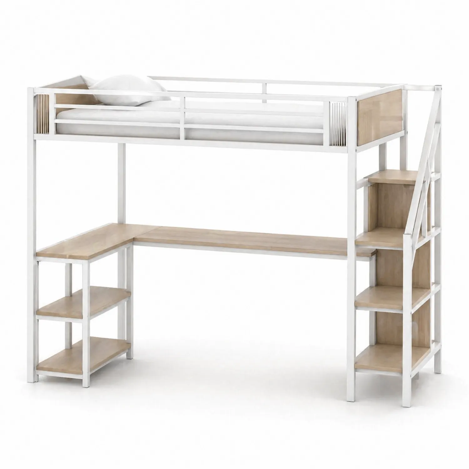 Litera Alta con Escritorio y Estanterías en Metal y Madera 200x90 cm Blanco/Natural-Velmirk