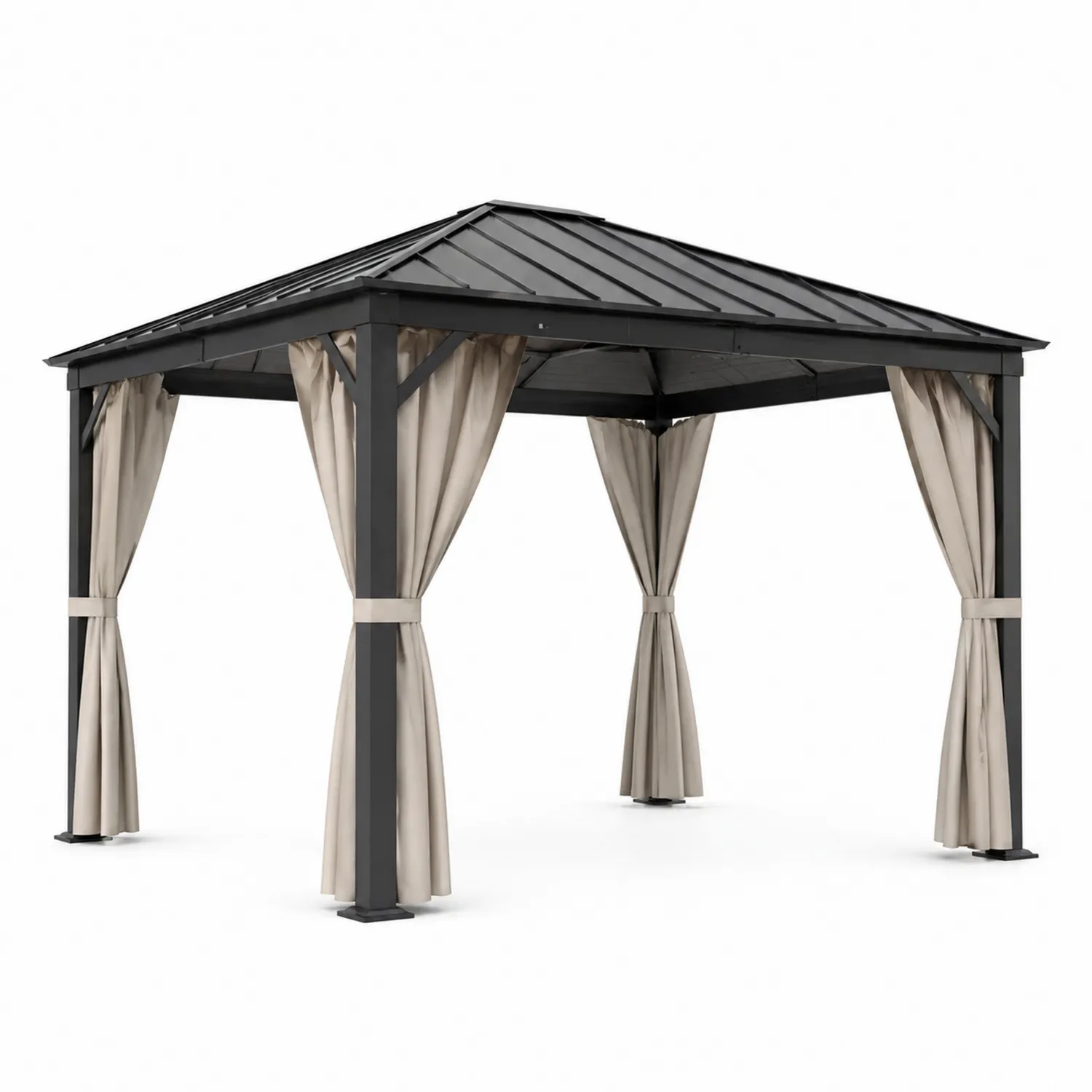 Cenador de aluminio con techo de metal galvanizado y cortinas de poliéster-Velmirk