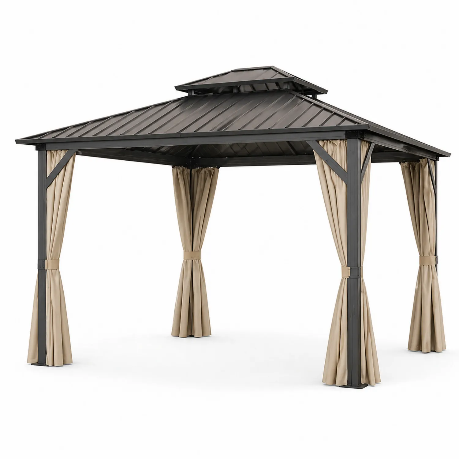 Cenador de Metal con Techo de Acero y Cortinas de Poliéster 300x400x270 cm Beige/Negro-Velmirk