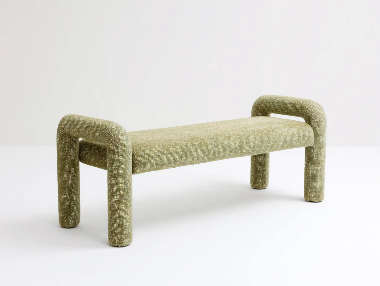 Bank aus Strukturstoff 140x41x50 cm - salbeigrün - für das Wohnzimmer - skulpturales Design mit gerundeten Seitenbügeln-Nookgetmart