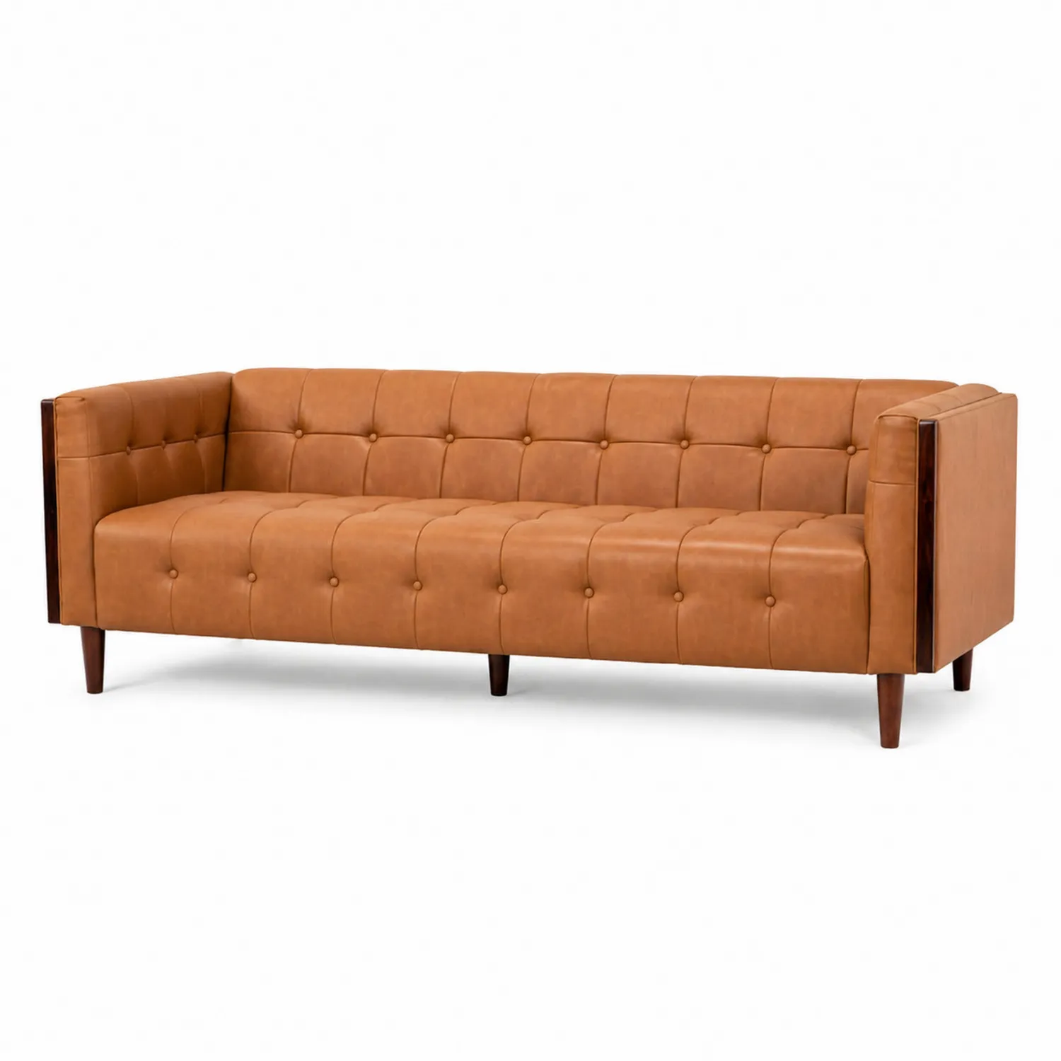 Trzyosobowa sofa z ekoskóry i drewnianymi nogami, Jasnobrązowy-Eondurable