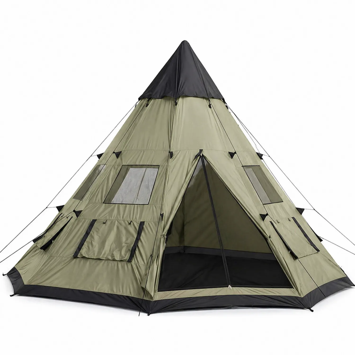 Namiot tipi wieloosobowy 300x300x220 cm poliester wodoodporny Zielony/Czarny-Eondurable