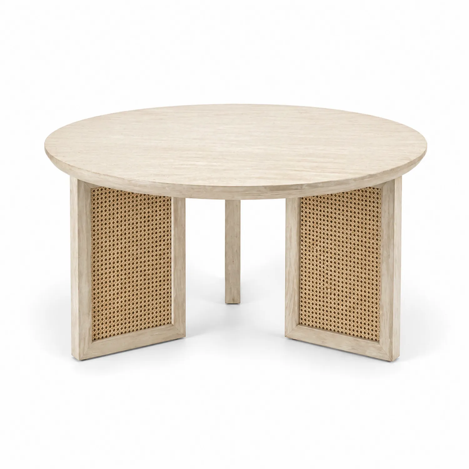 Stolik kawowy okrągły z drewna dębowego i rattanu, Beżowy, Średnica 90 cm-Eondurable