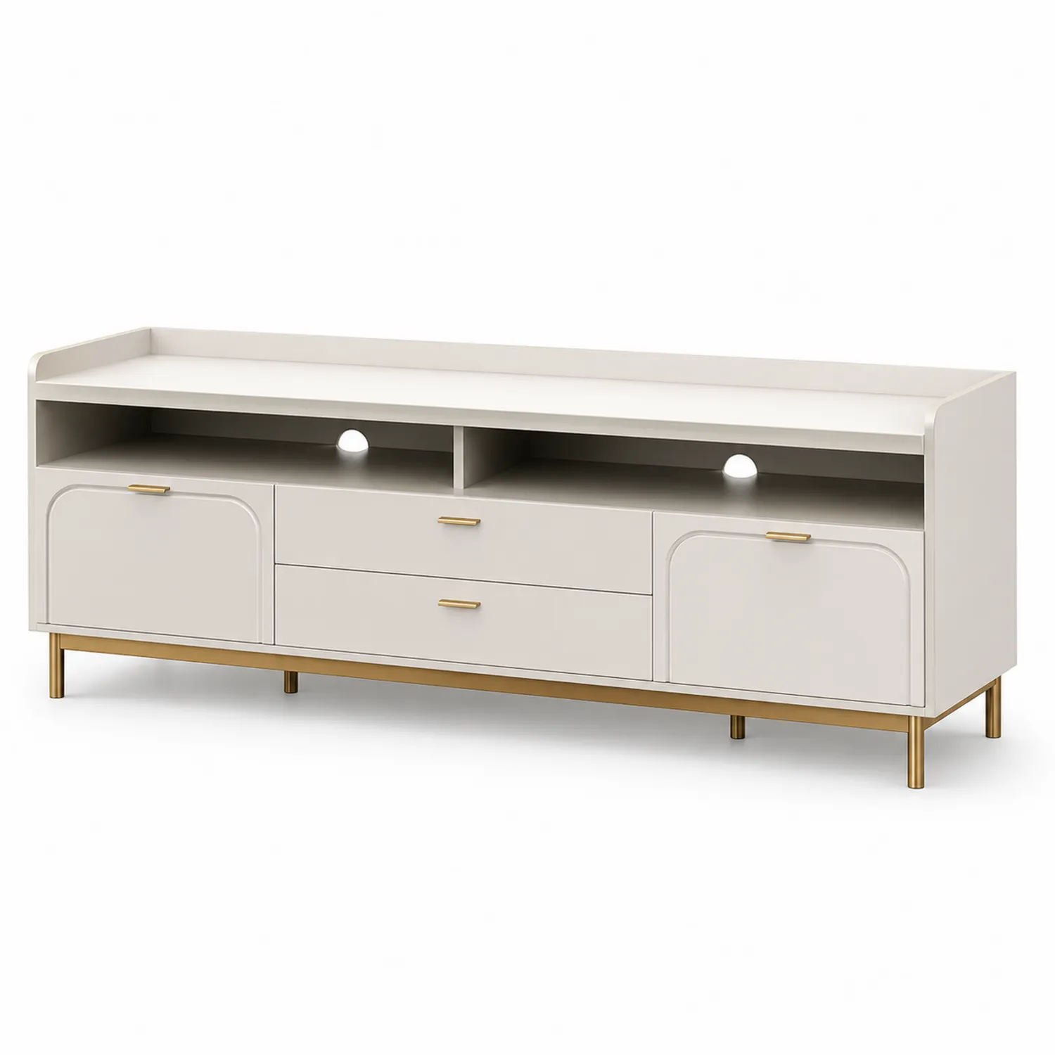 Szafka RTV z MDF i metalu z powłoką proszkową 150x40x50 cm Biały/Złoty-Eondurable