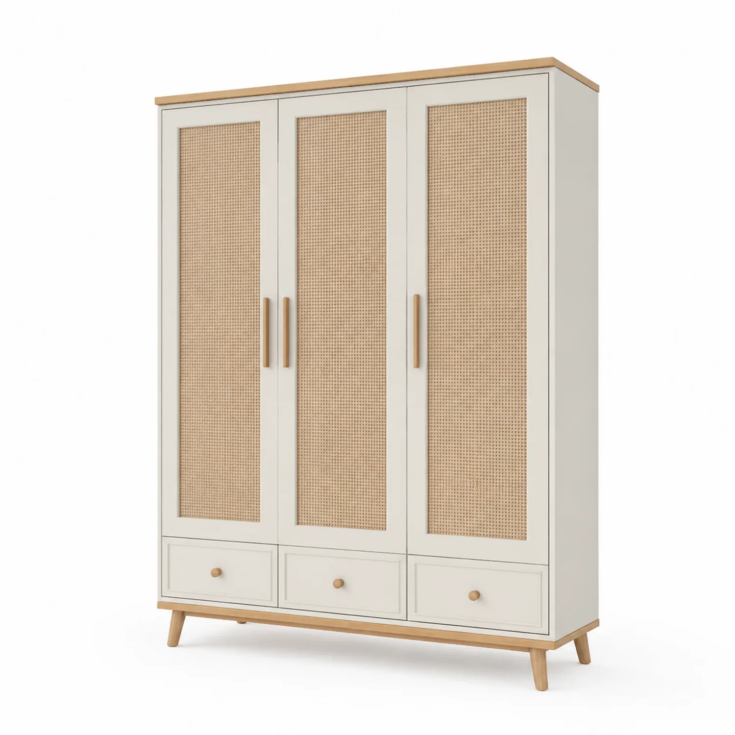 Szafa trzydrzwiowa z MDF i rattanu z szufladami 200x60x220 cm Beżowy-Eondurable