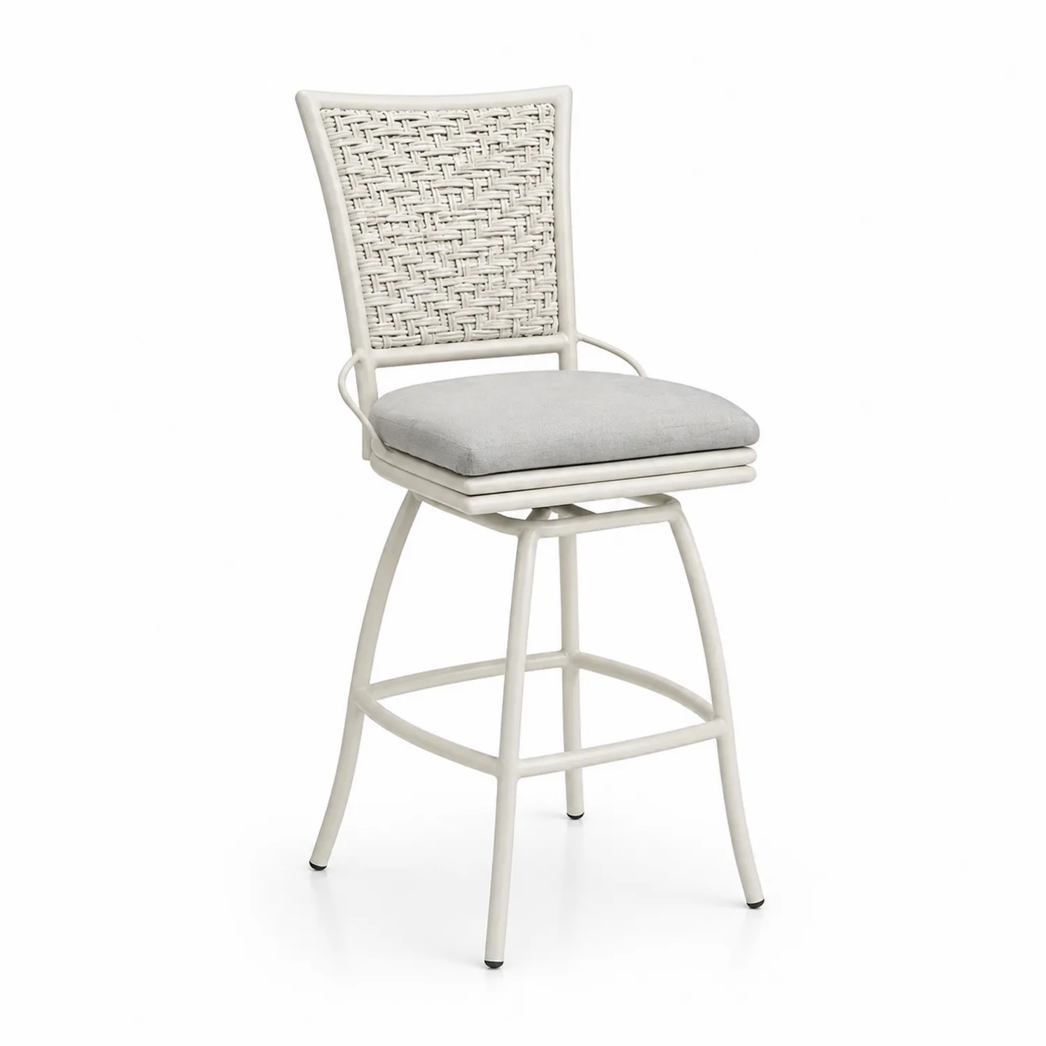 Aluminium Barhocker mit Geflechtrücken und Kissen, Weiß