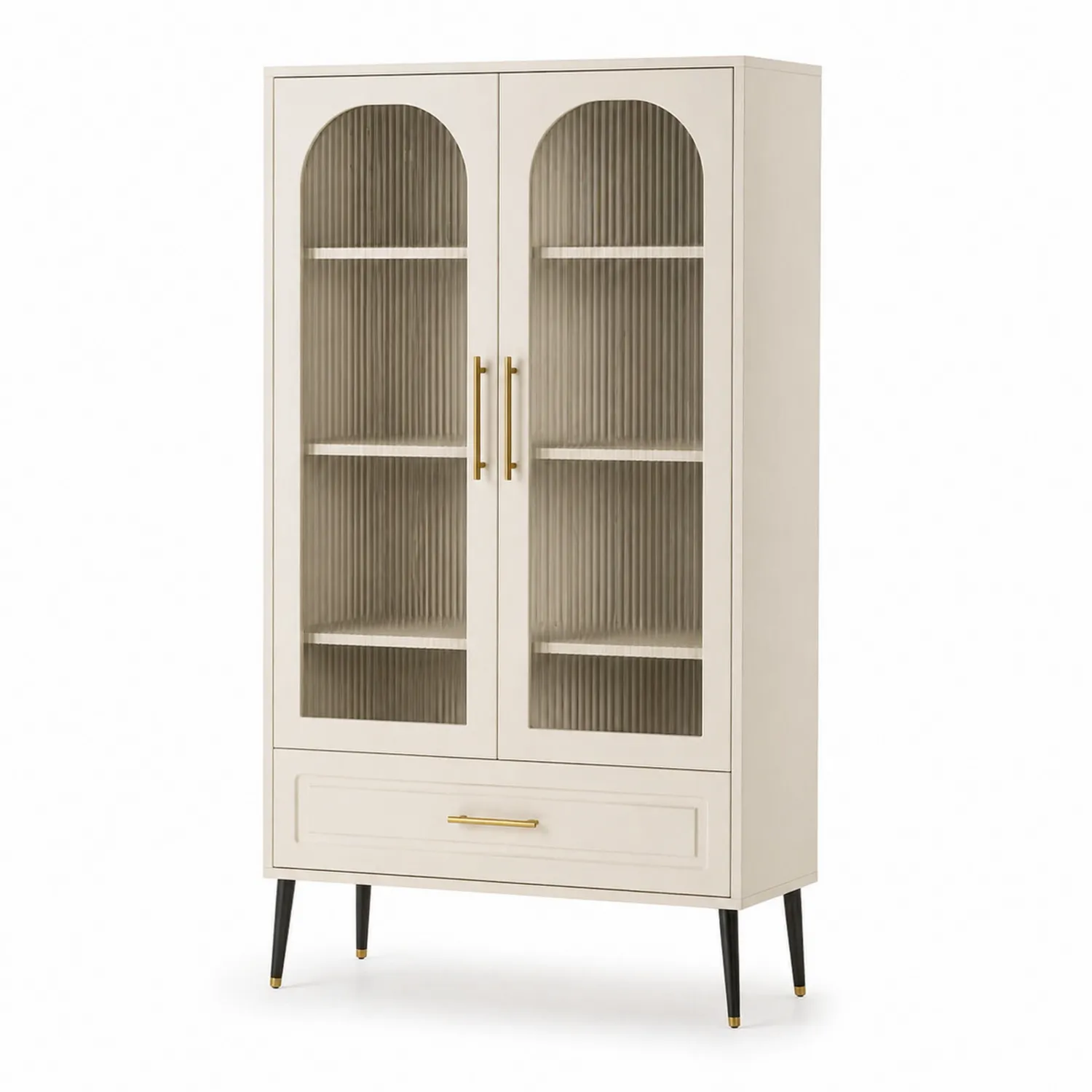Holzschrank mit geriffeltem Glas und Metall, Creme