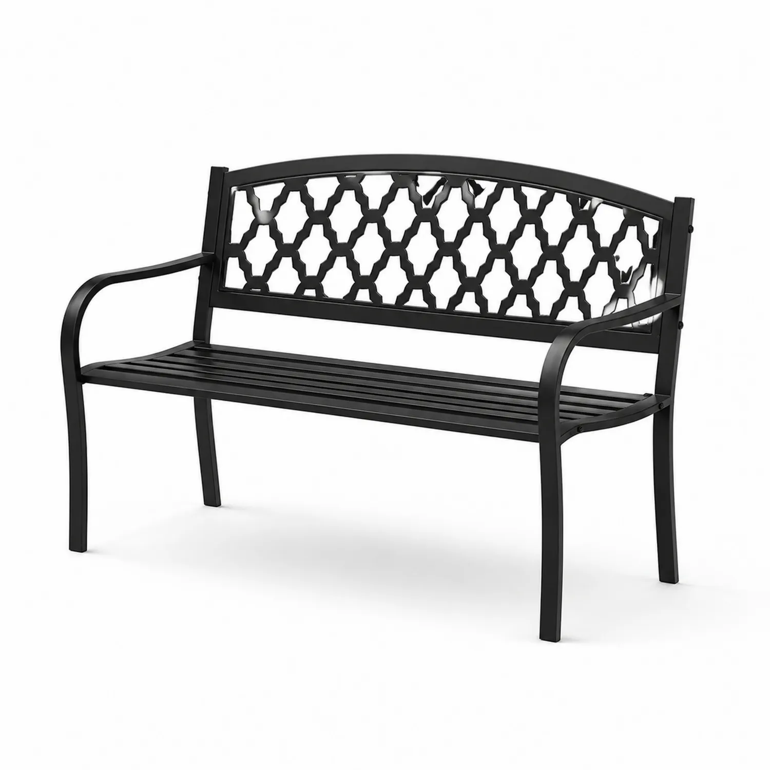 Schwarze Metall-Gartenbank mit Rautenrückenlehne 127 cm