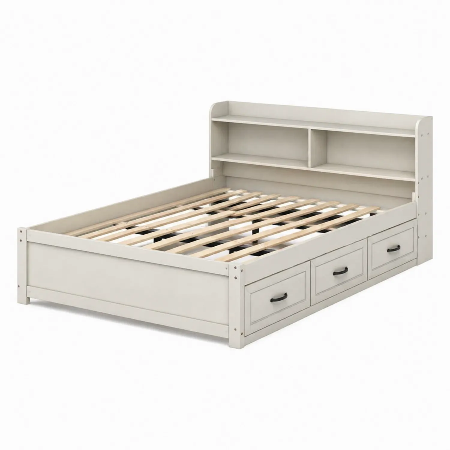 Holzbett mit Stauraum, Regal und Schubladen 200x140cm Weiß